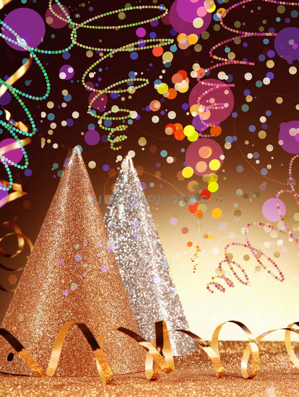 Festivity Concept with Sparking Party Cone Hats and Glossy Streamers with Confetti Effect in Front Gradient Brown Background.