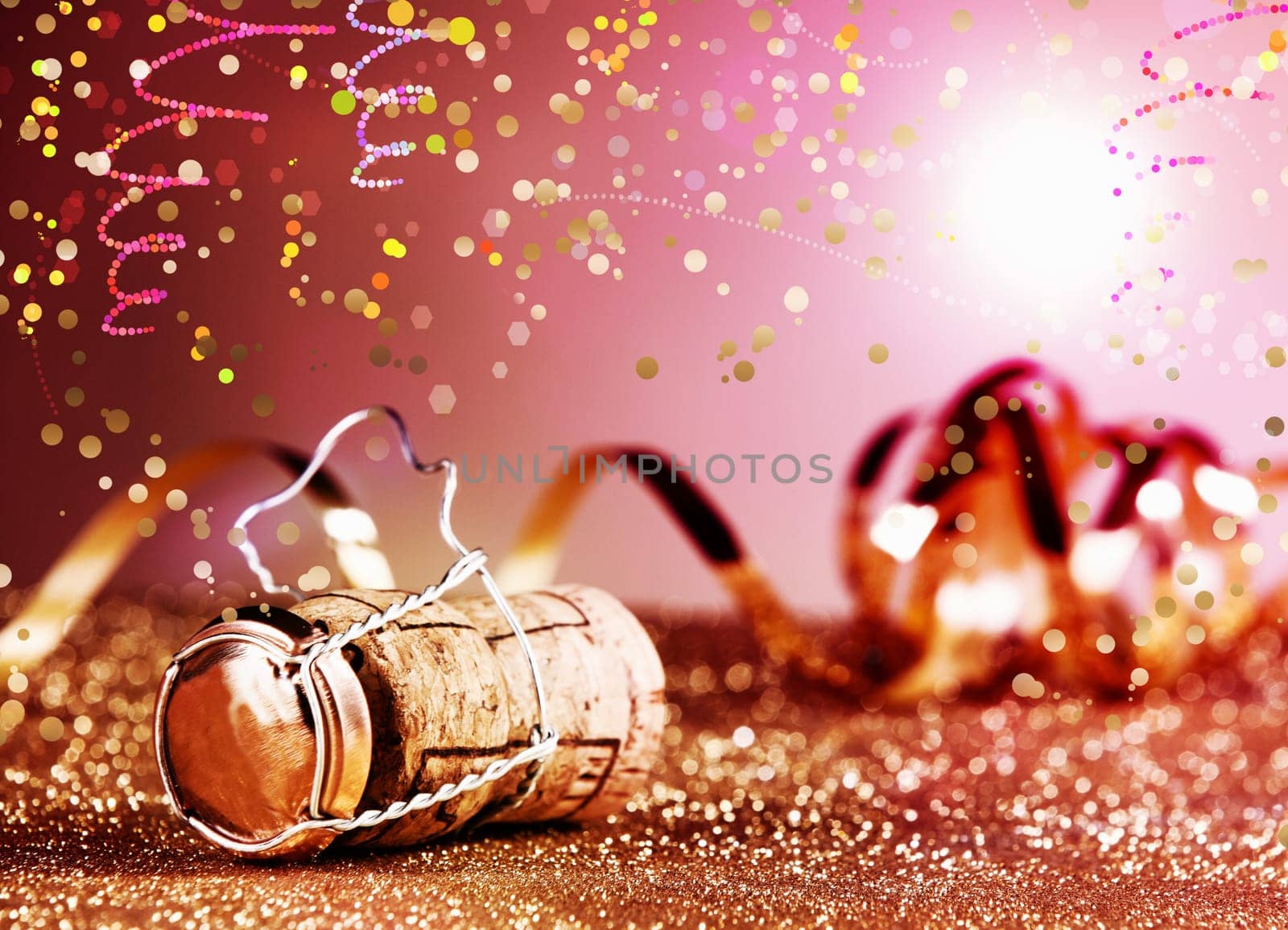 Close up Festive Champagne Cork in Metal Cage with Paper Streamers on Table with Particles. Styled with Glitters and Confetti Effect on Gradient Pink Background.