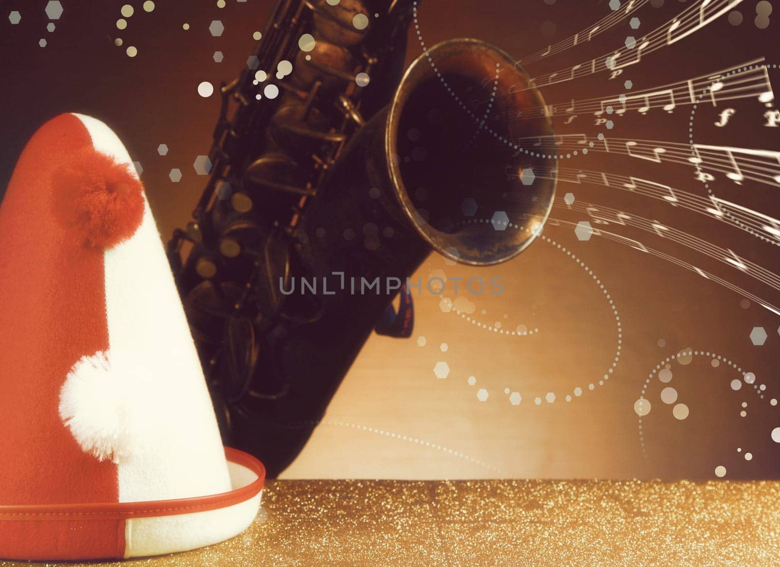 Festival Concept - Close up Party Hat on Table with Glitters and Vintage Saxophone Instrument, with Glowing Musical Notes Effect, in Front Gradient Brown Background.