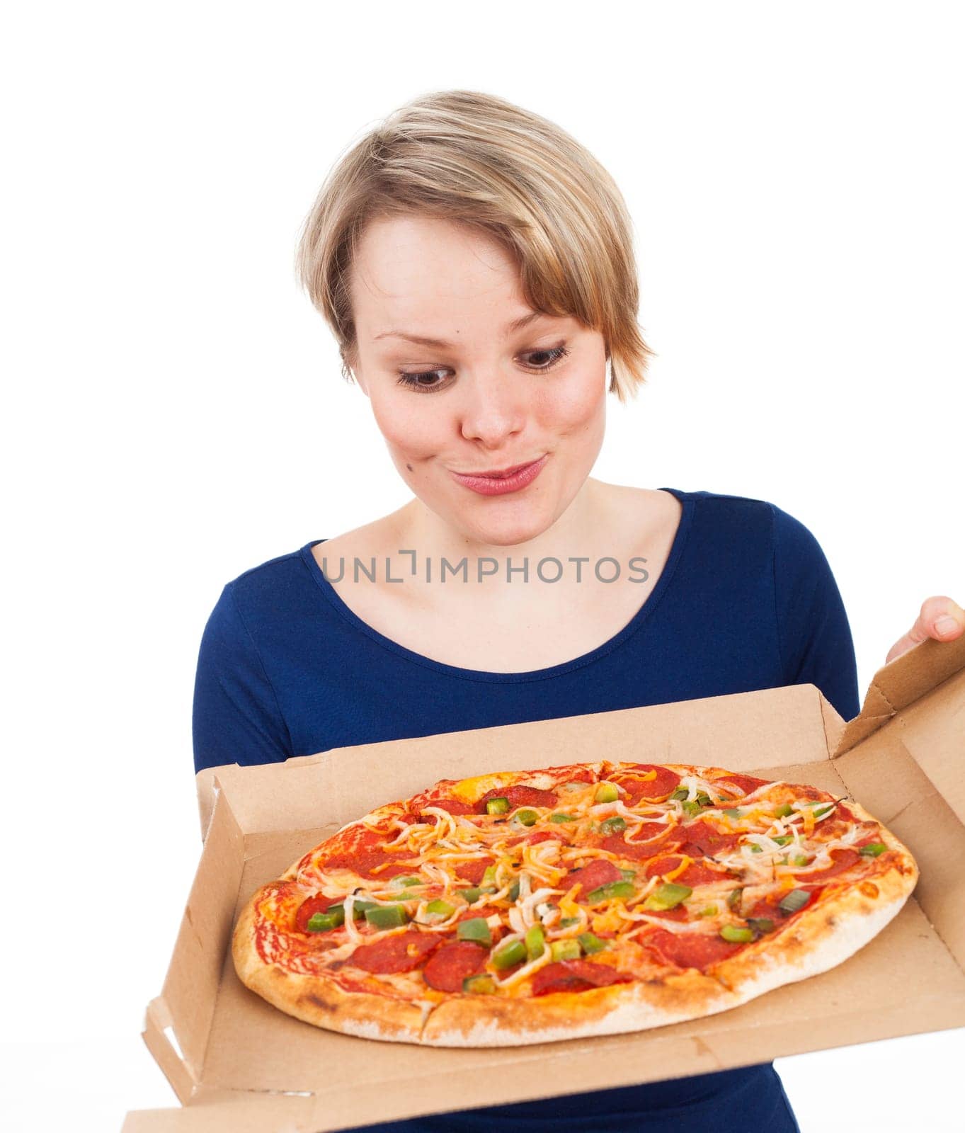 Young woman holding a pizza from fast food and looking very attracted, isolated on white