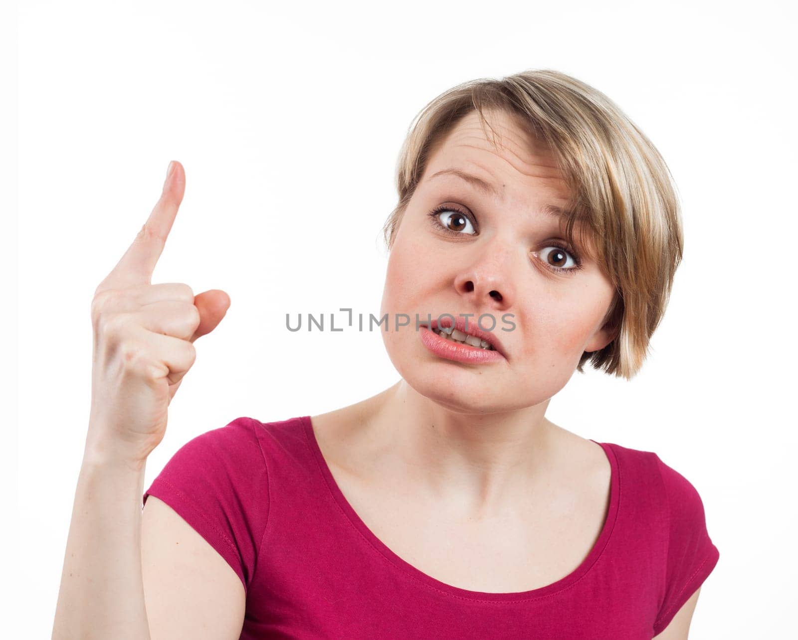 Close up view of a young woman scolding somebody, isolated on white