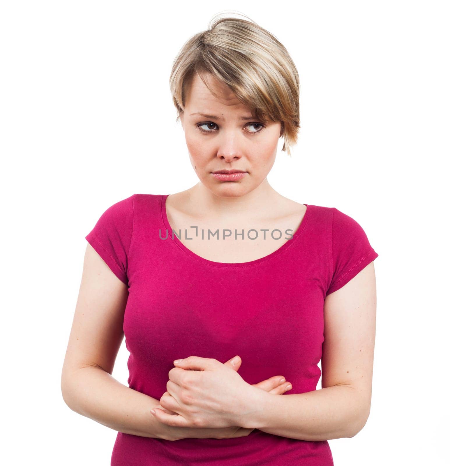 Portrait of a female looking sad, isolated on white