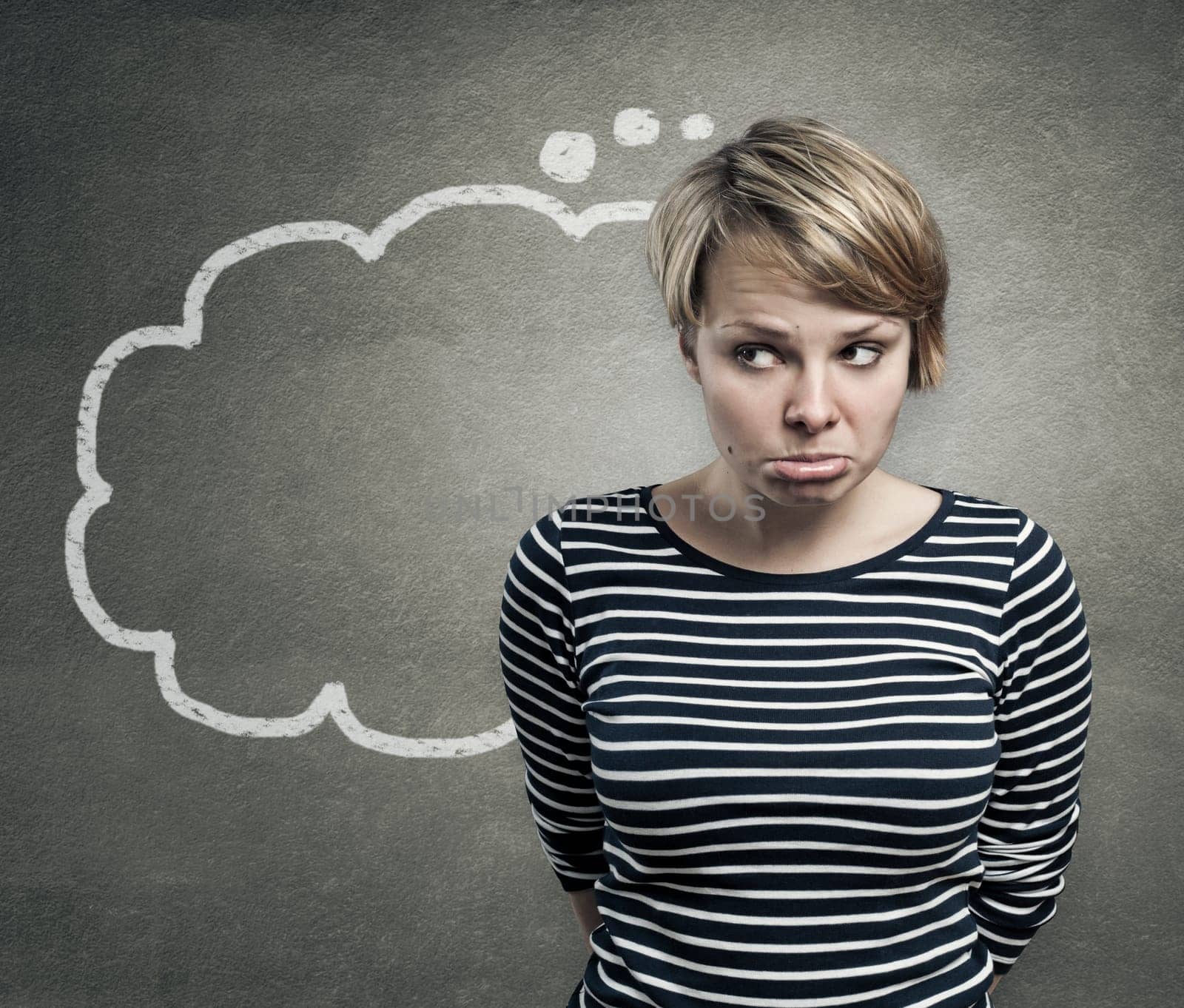 Illustration of a young woman thinking, with thought balloon