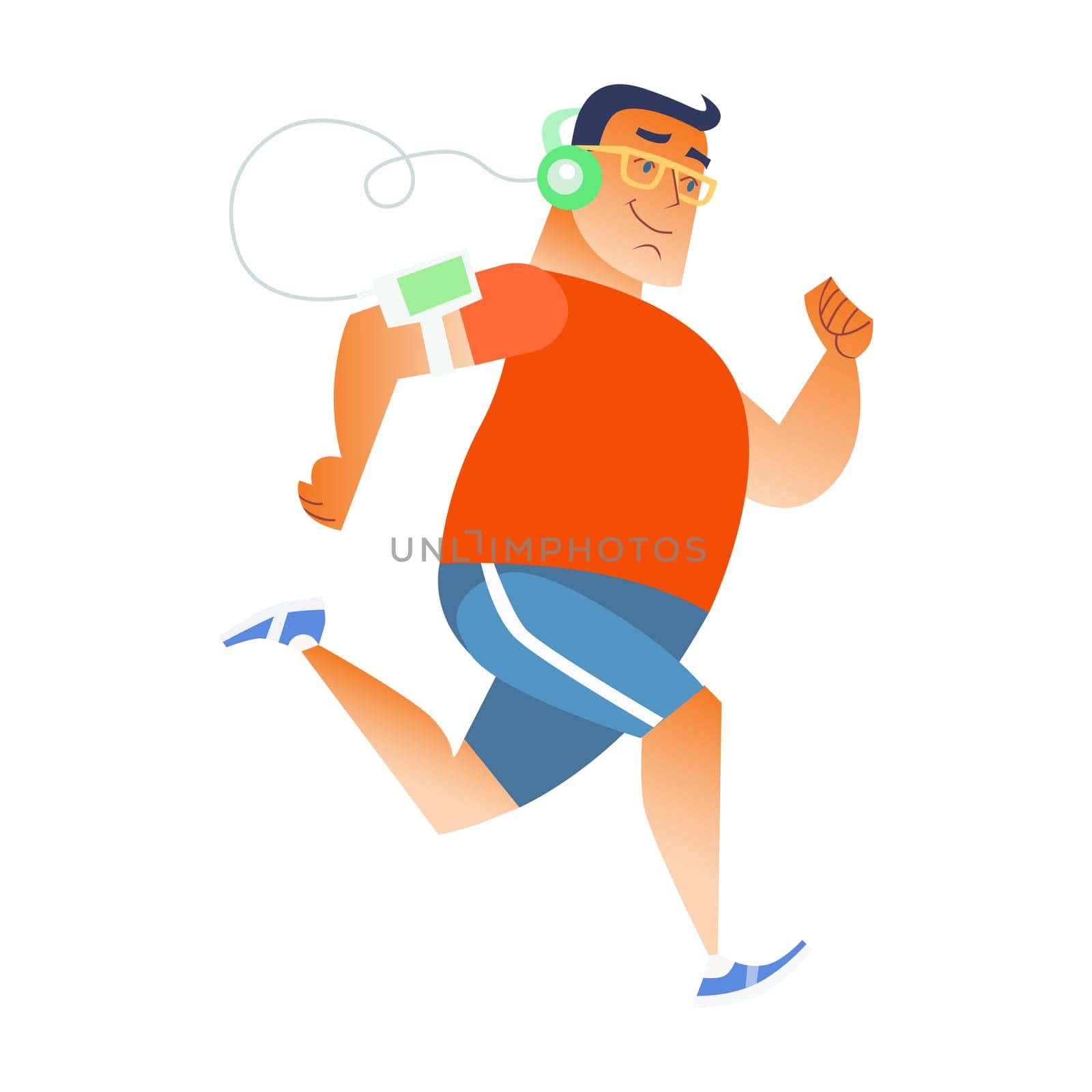 Fat man does running and listening to music in the player and headphones. Sports and fitness