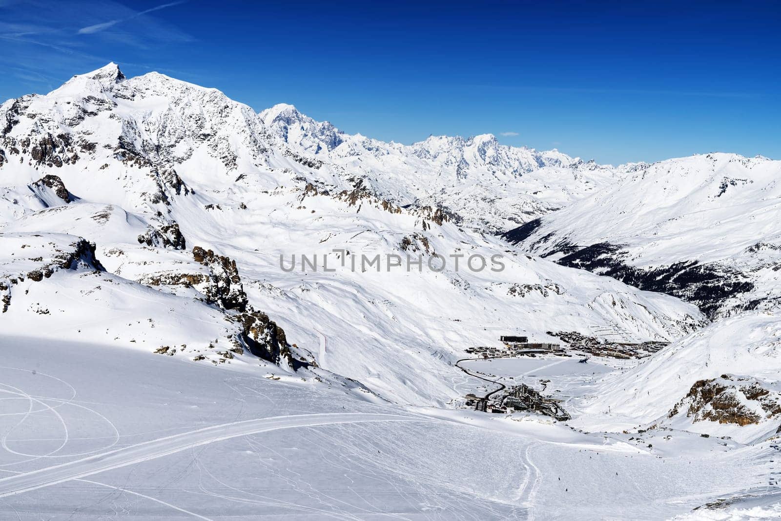 Llandscape and ski resort in French Alps,Tignes, Le Clavet, Tarentaise, France