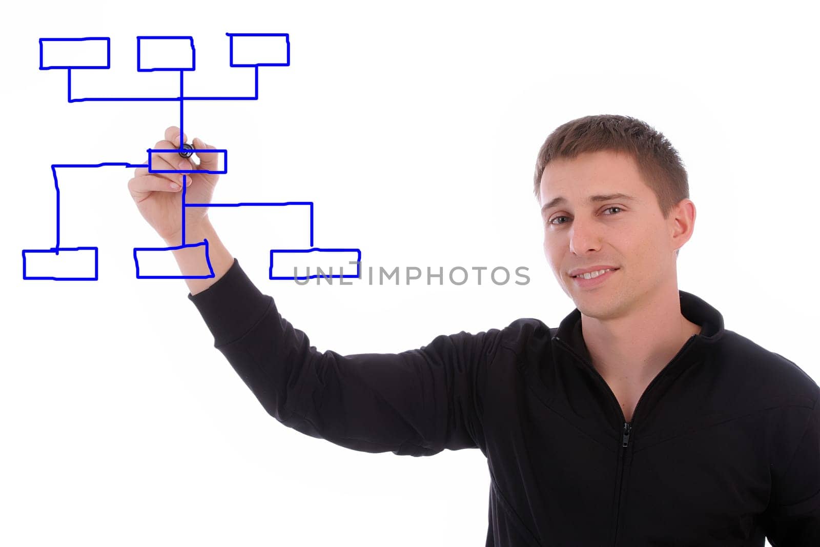businessman drawing chart in whiteboard, isolated on white