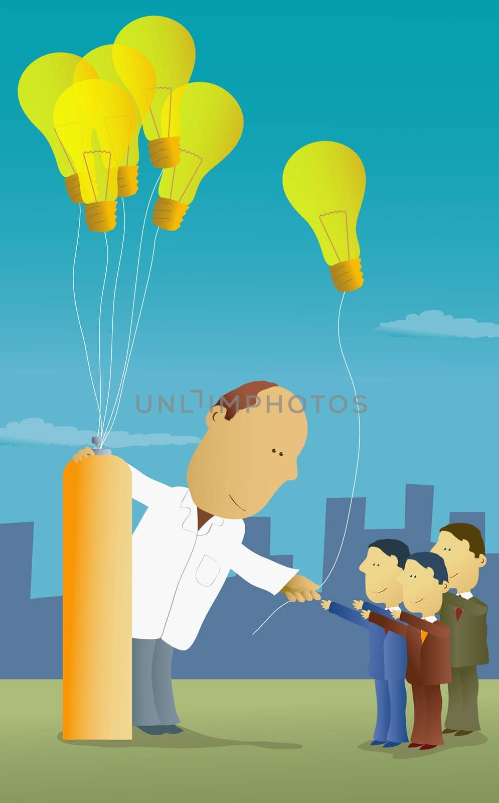 Scientist giving light bulbs to businessmen