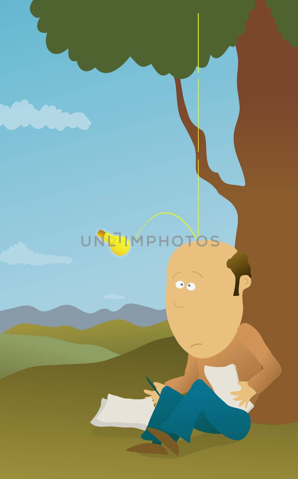 Light bulb falling from a tree on to mans head