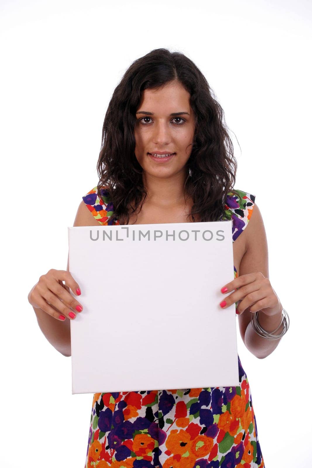 young business woman holding white card, isolated over white