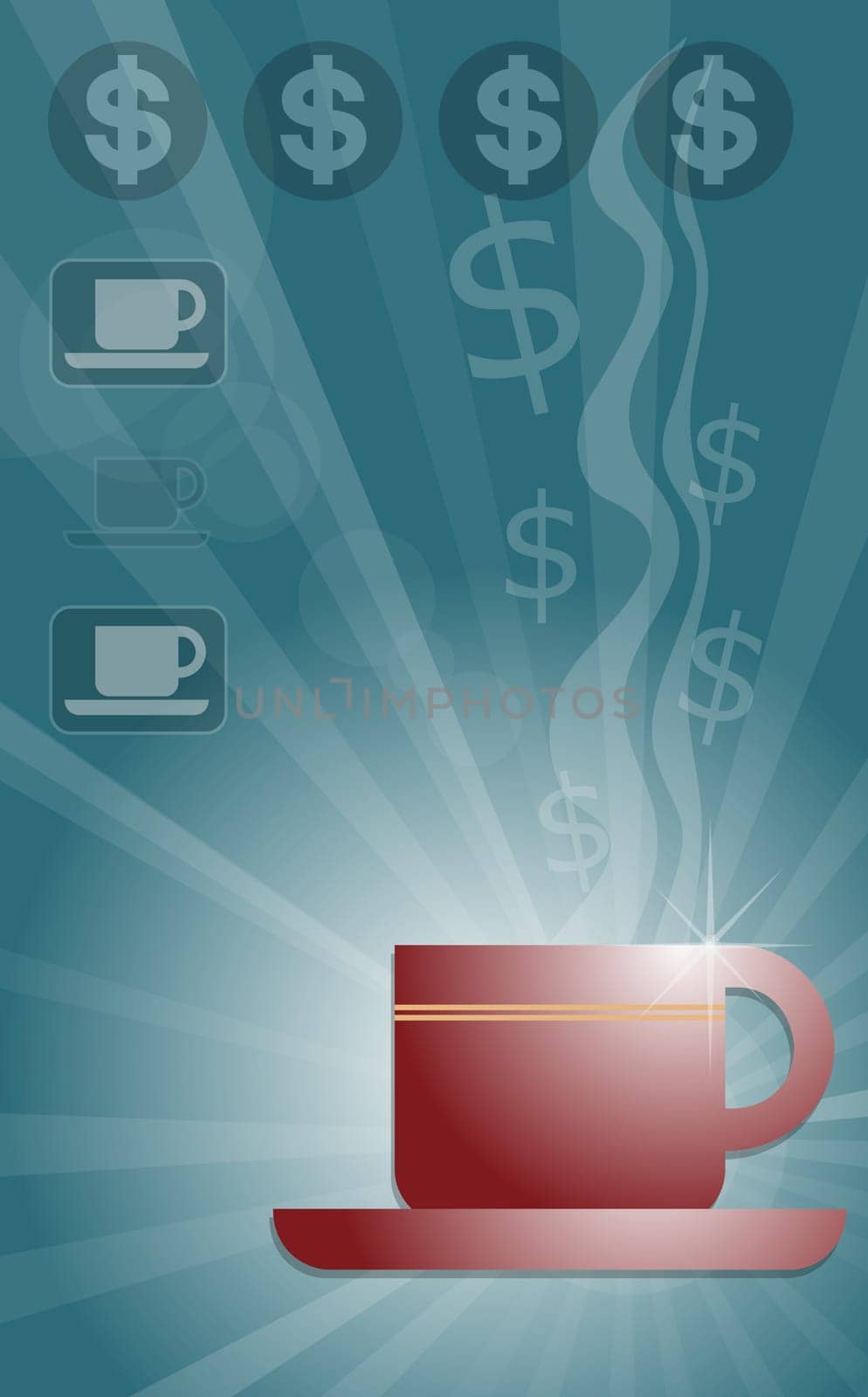 Tea cup on a saucer with dollar signs above