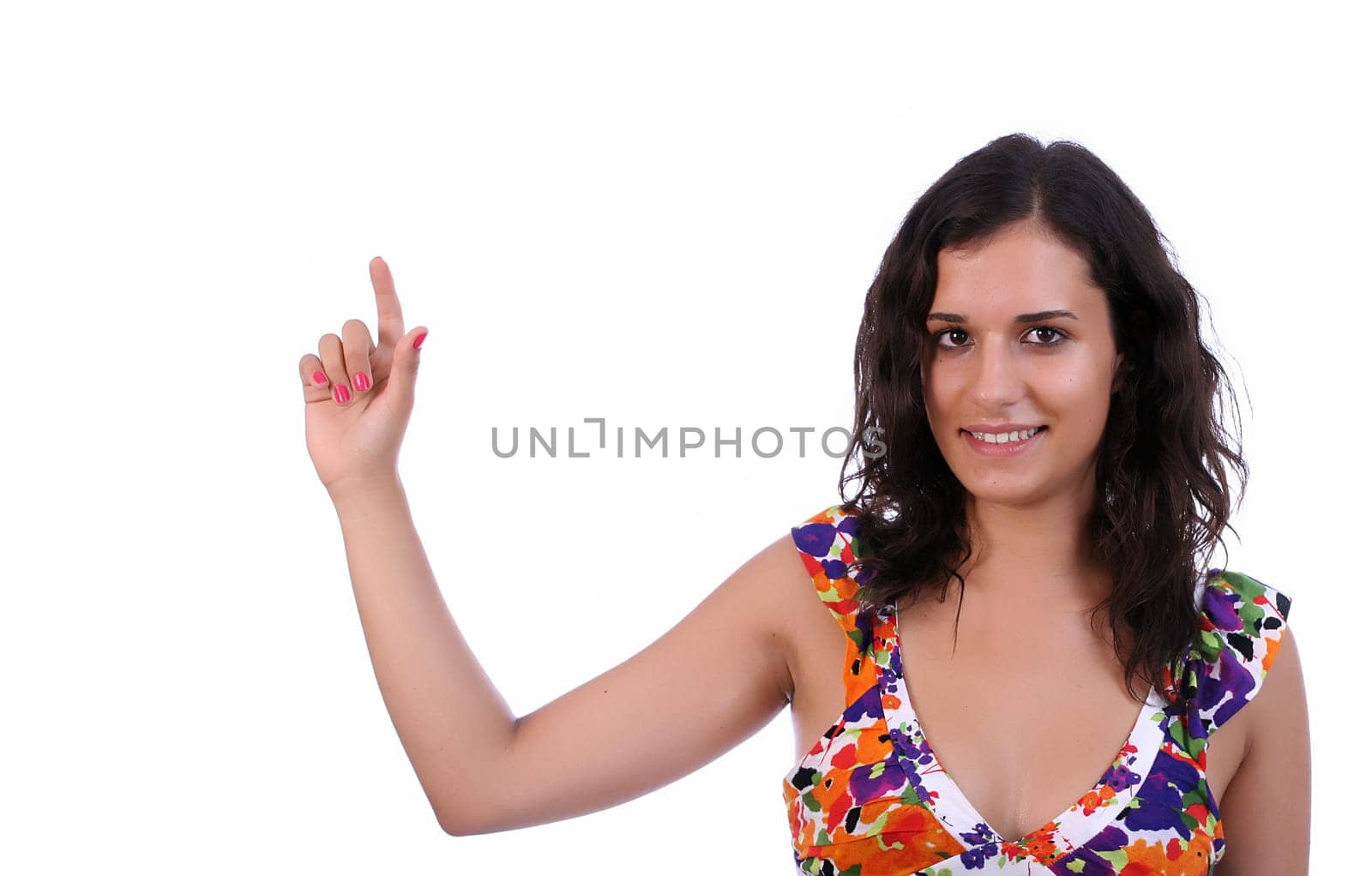 Young beautifull woman, pressing key, isolated in white