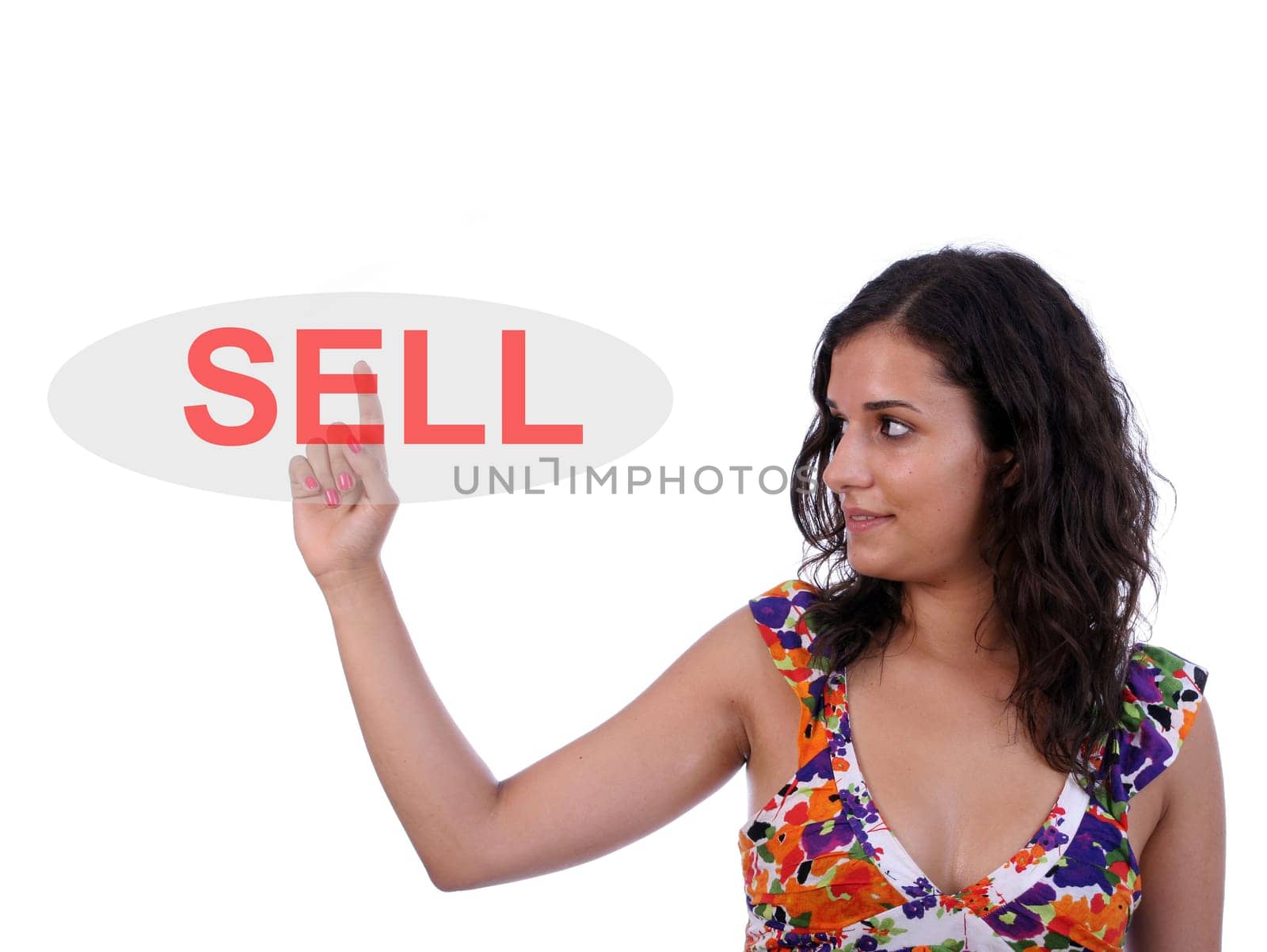 Young beautiful woman pressing the sell key, isolated
