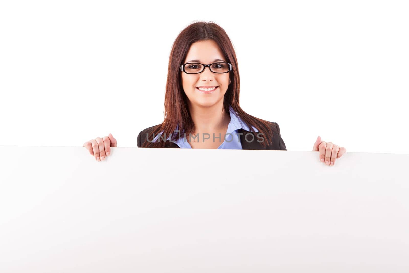 Beautiful young woman holding a white card - isolated over white