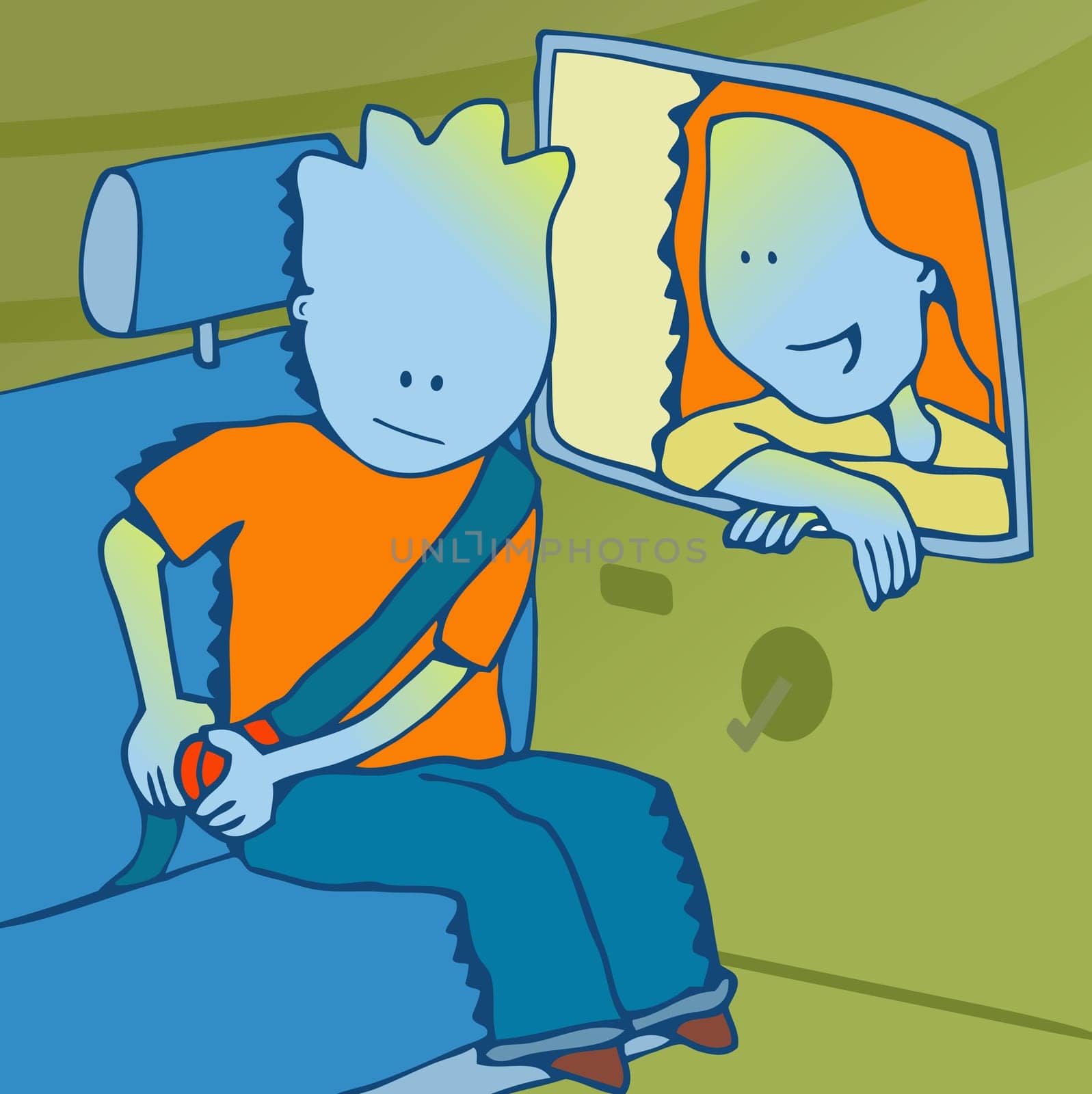 Woman looking at a man fastening his seat belt