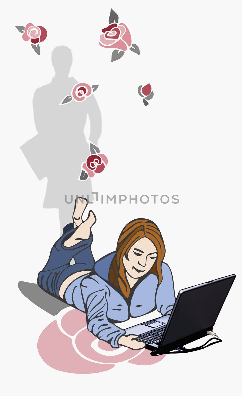 Woman lying on the floor and using a laptop