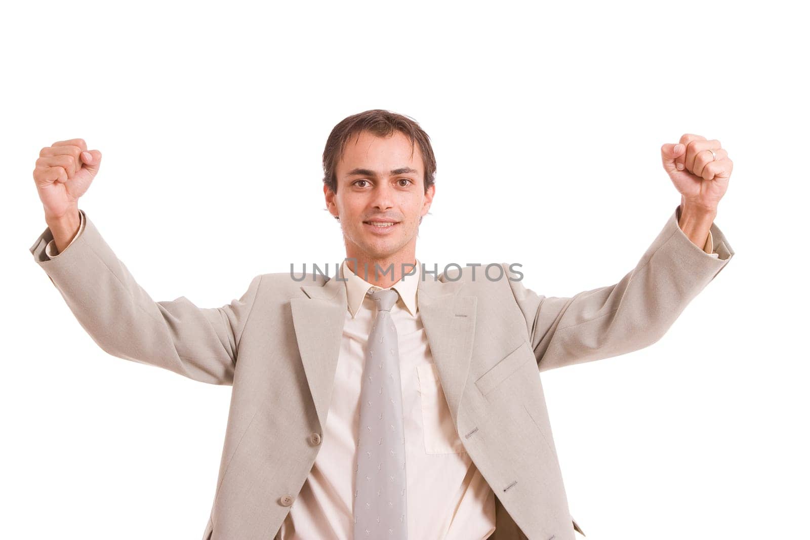 Very Successful with arms raised isolated over white background