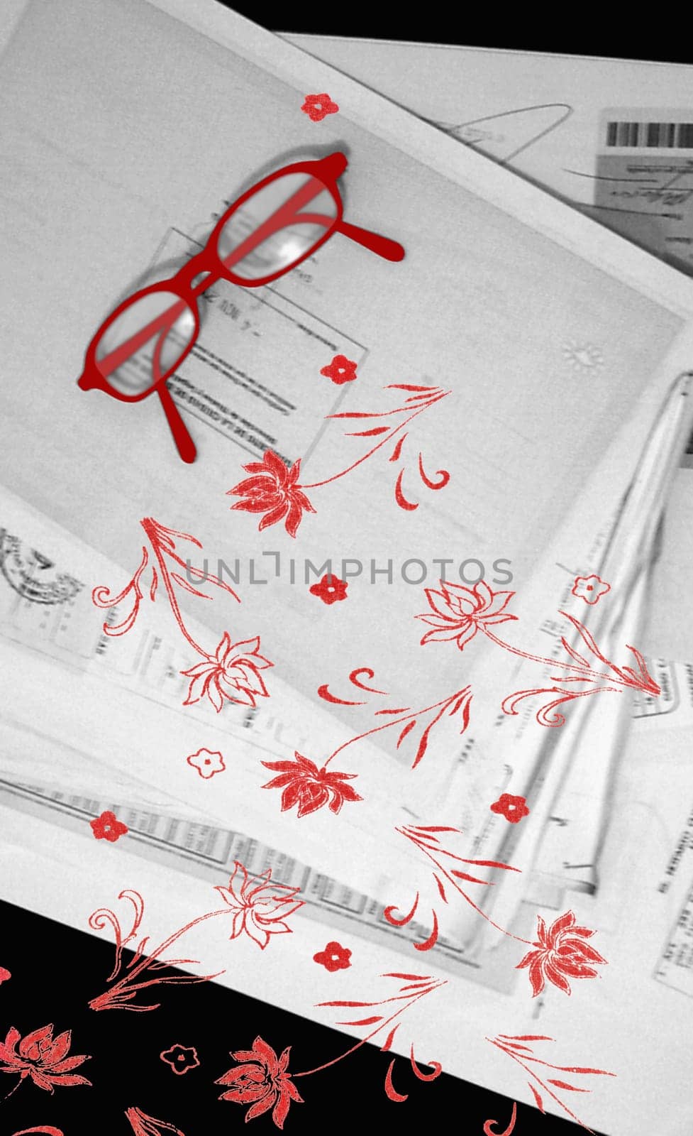 Eyeglasses and flowers on documents