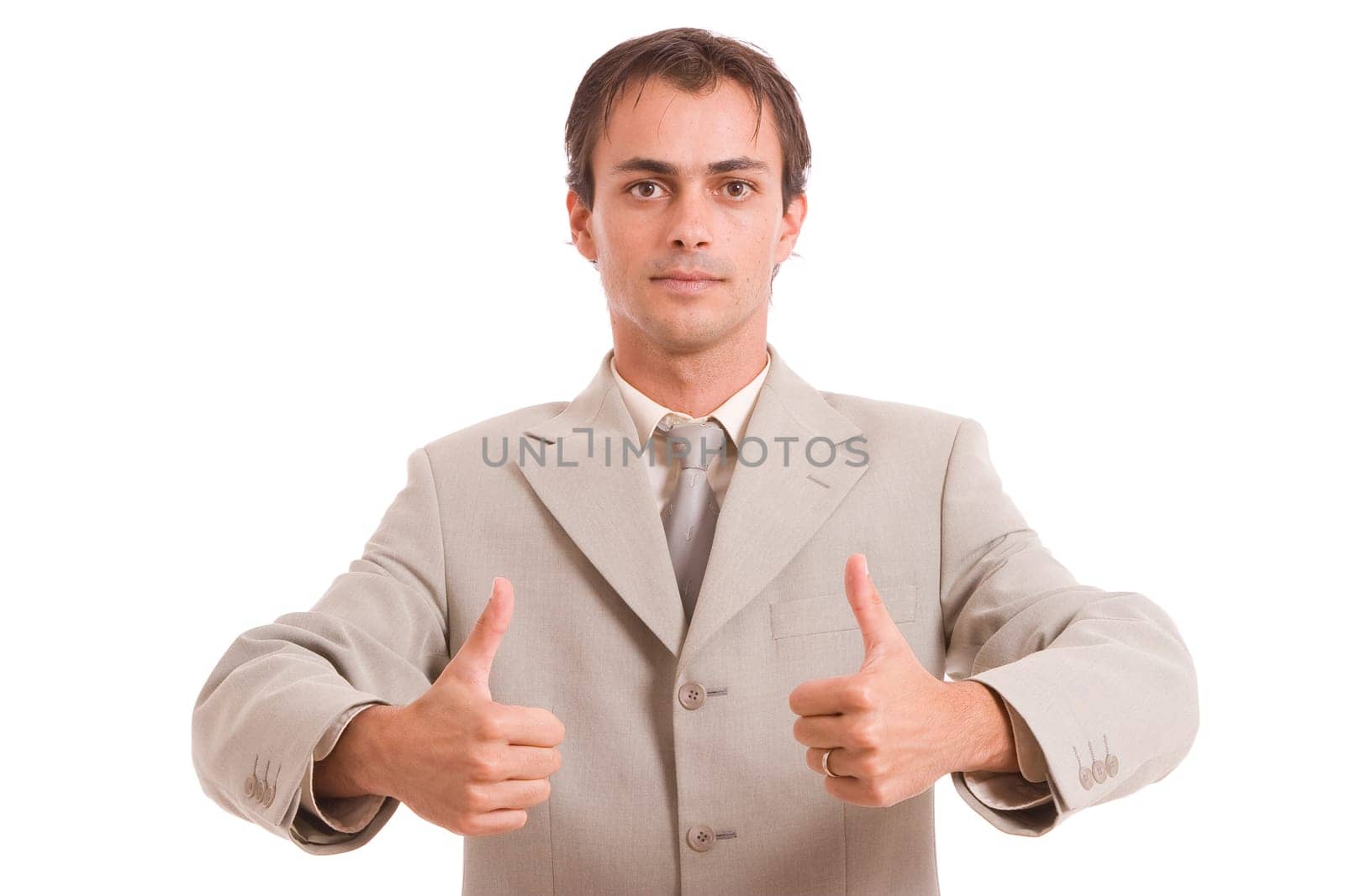 Business man showing thumbs up, isolated over white