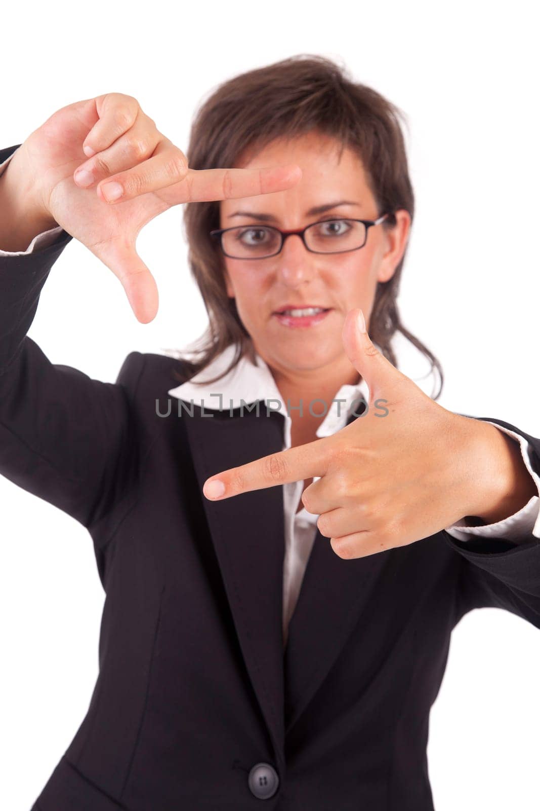Business woman showing framing hand gesture - isolated on white