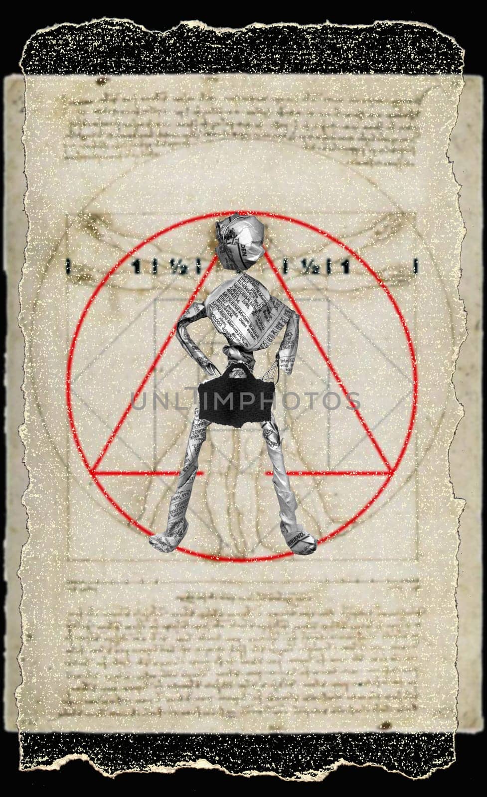 Close-up of a newspaper figurine as the Vitruvian Man