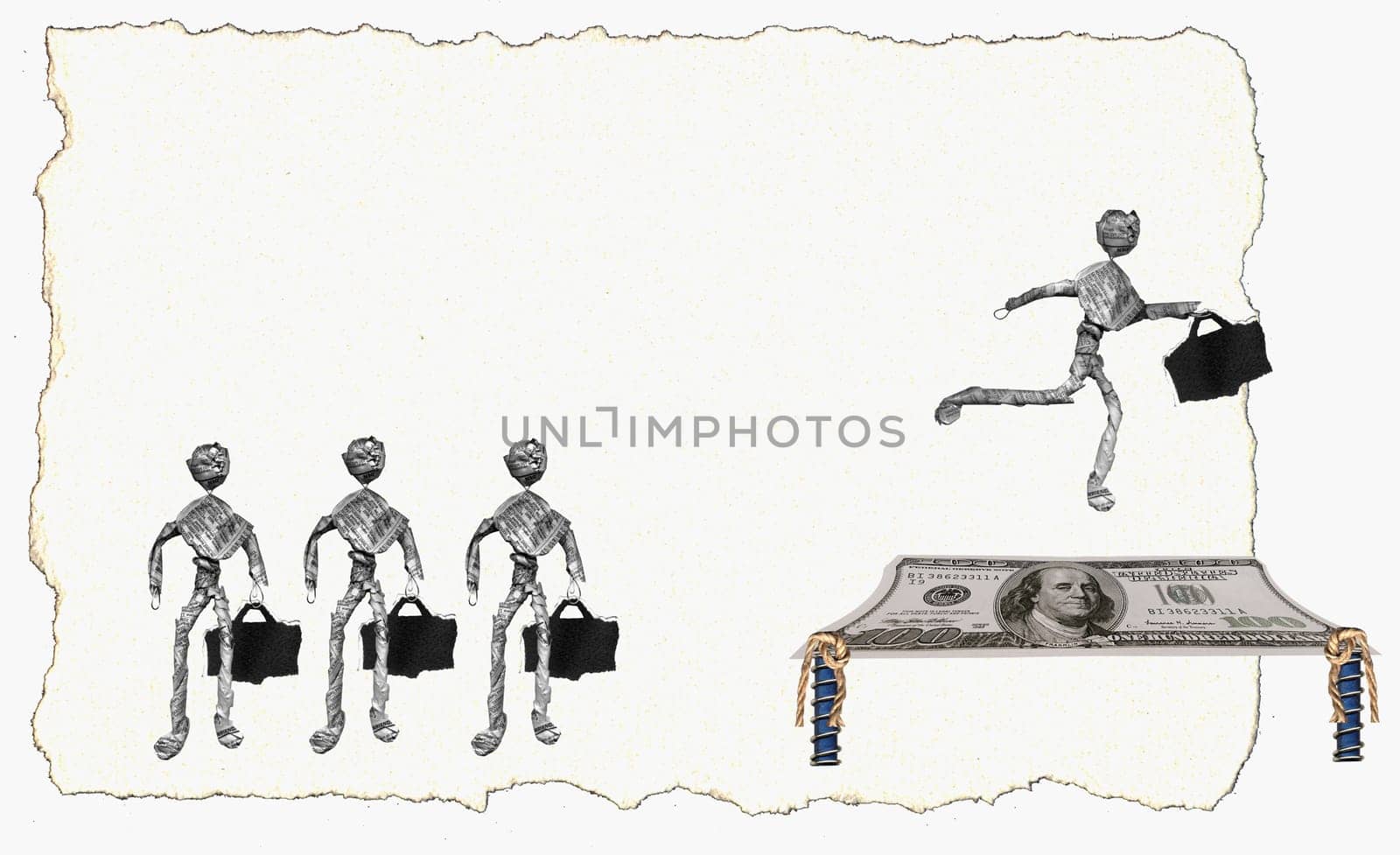 Figurine of a person jumping over paper currency