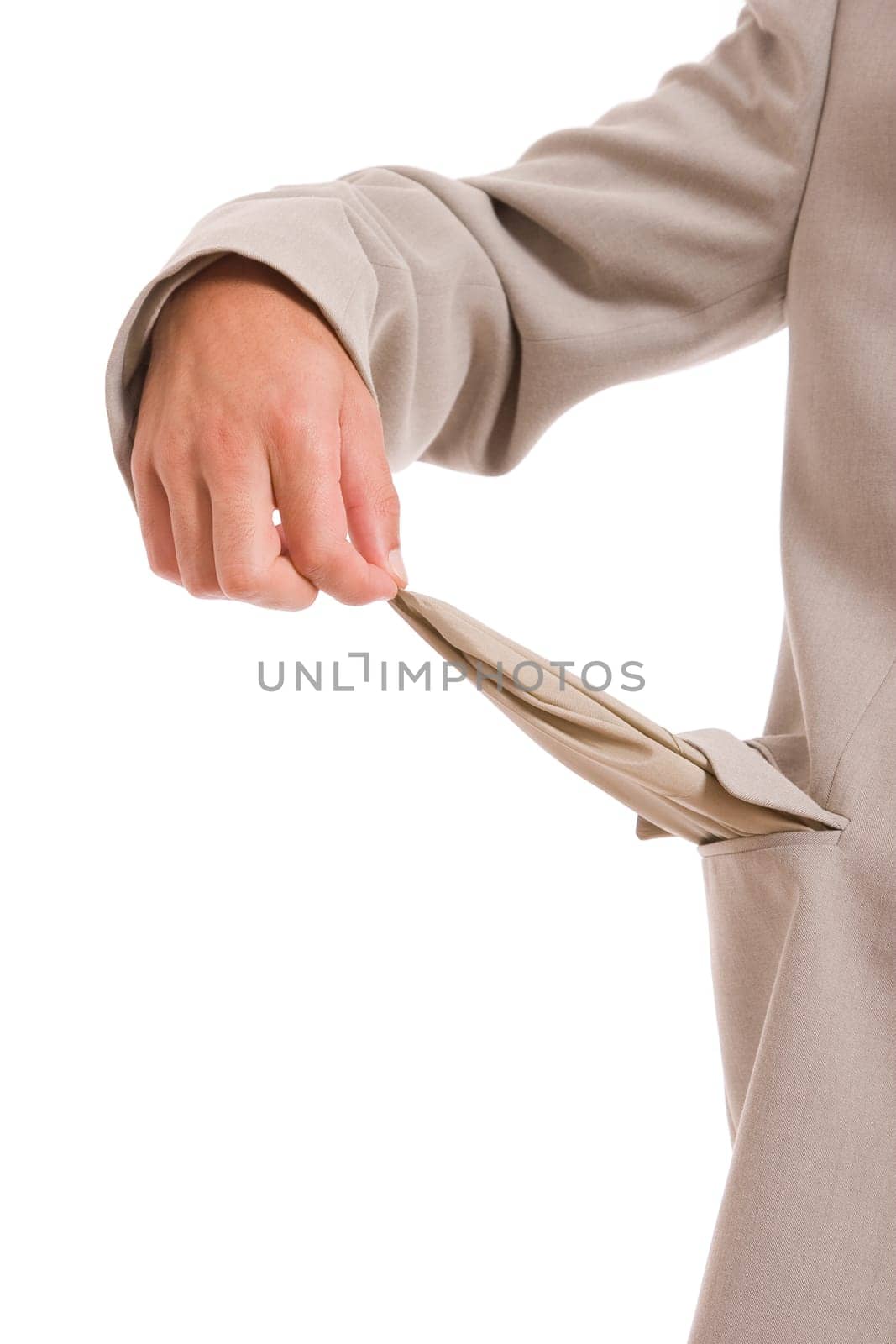 Man holding empty pocket, isolated over white background