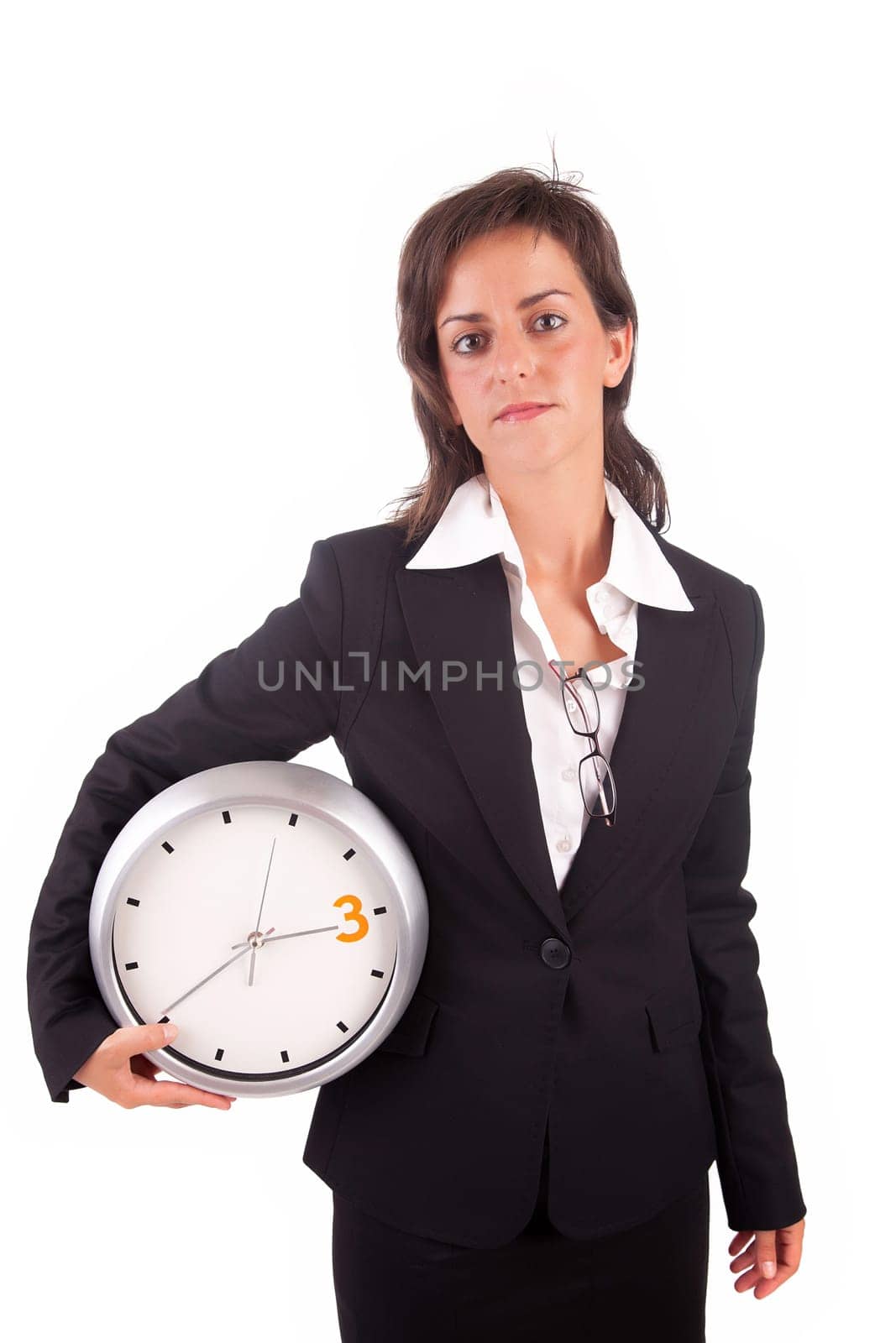 Business woman holding a clock, isolated