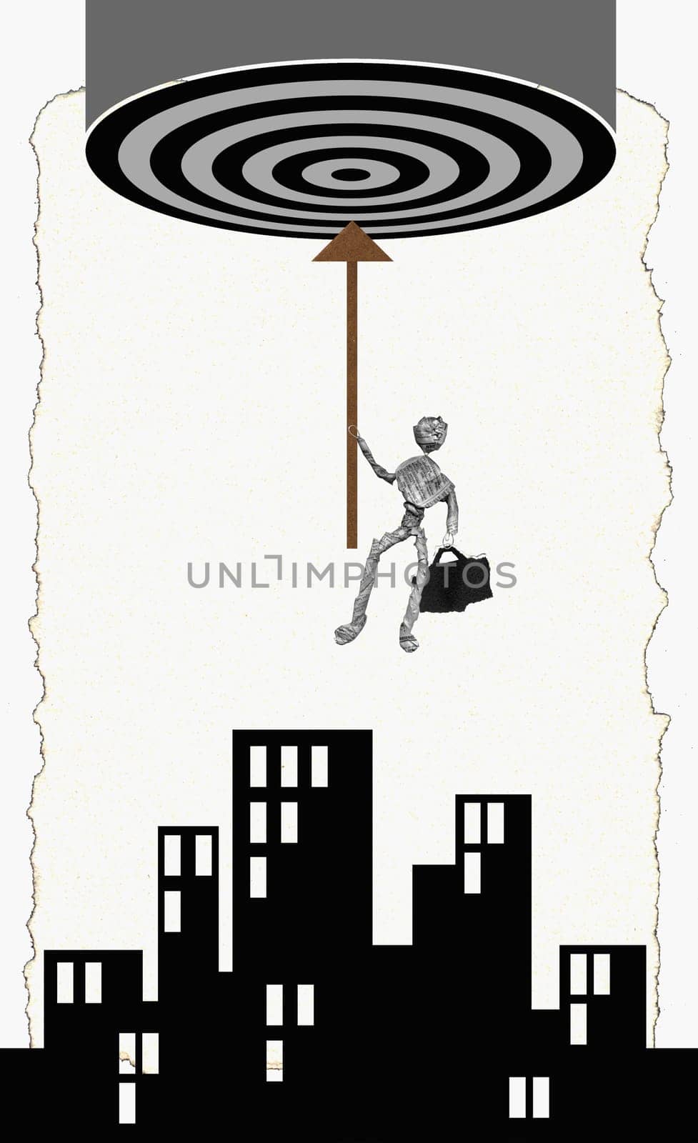 Figurine of a man holding an arrow above buildings