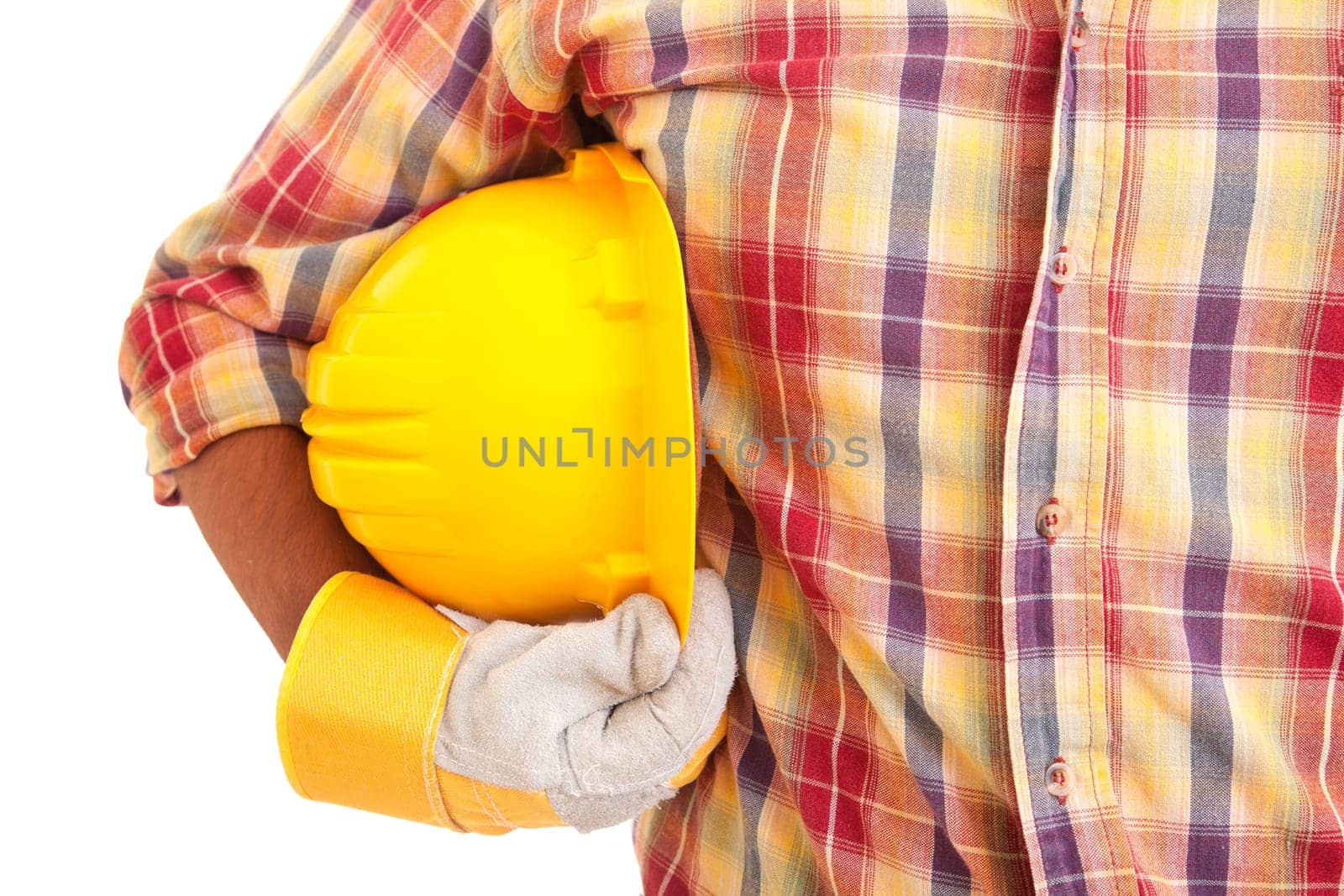 Worker holding helmet, isolated over white