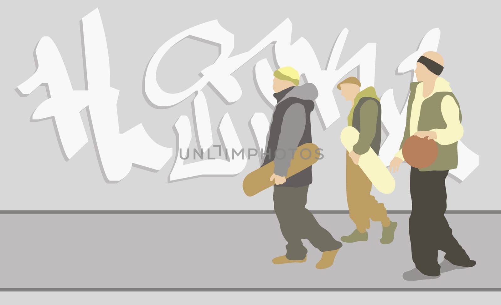 Young men with skateboards and a basketball