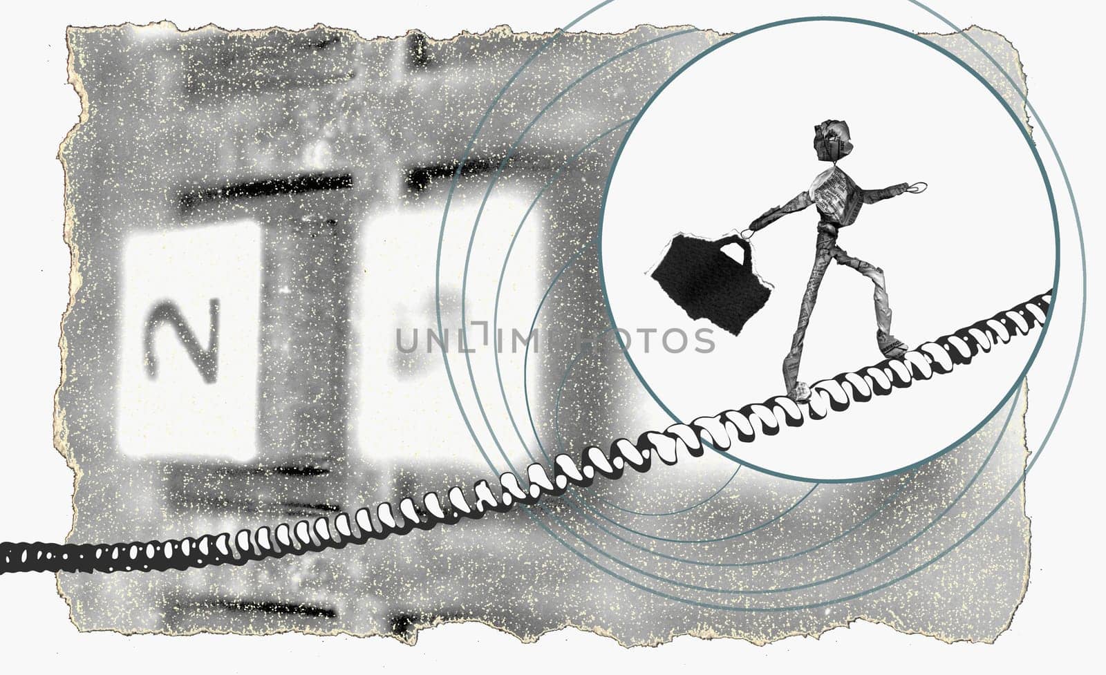 Figurine of a man walking on the telephone cord