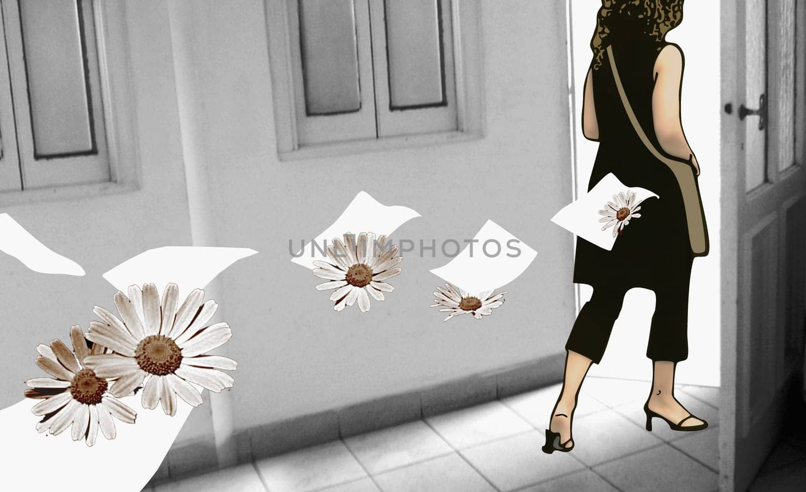 Woman walking out of her house