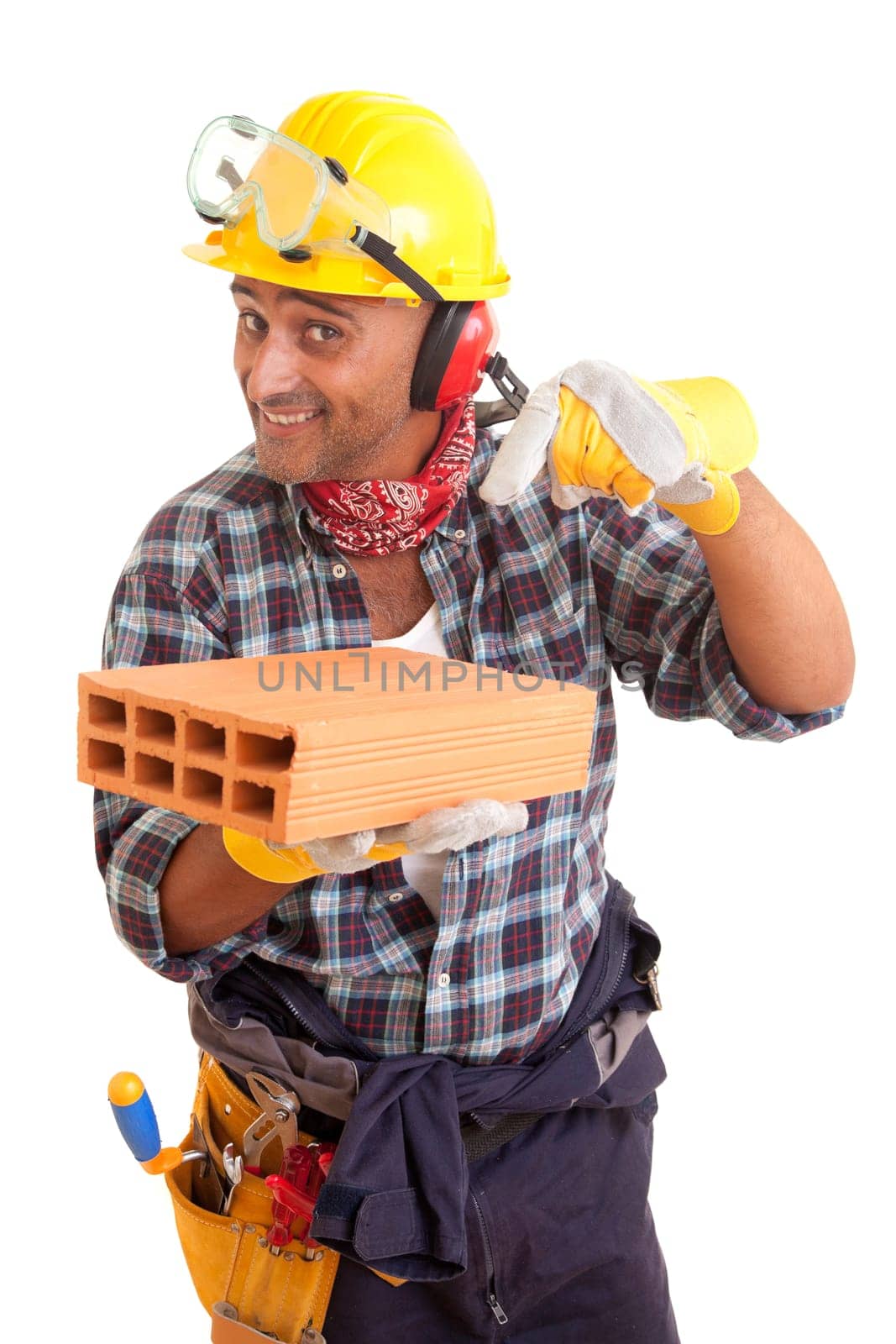 Construction worker offering services, isolated over white