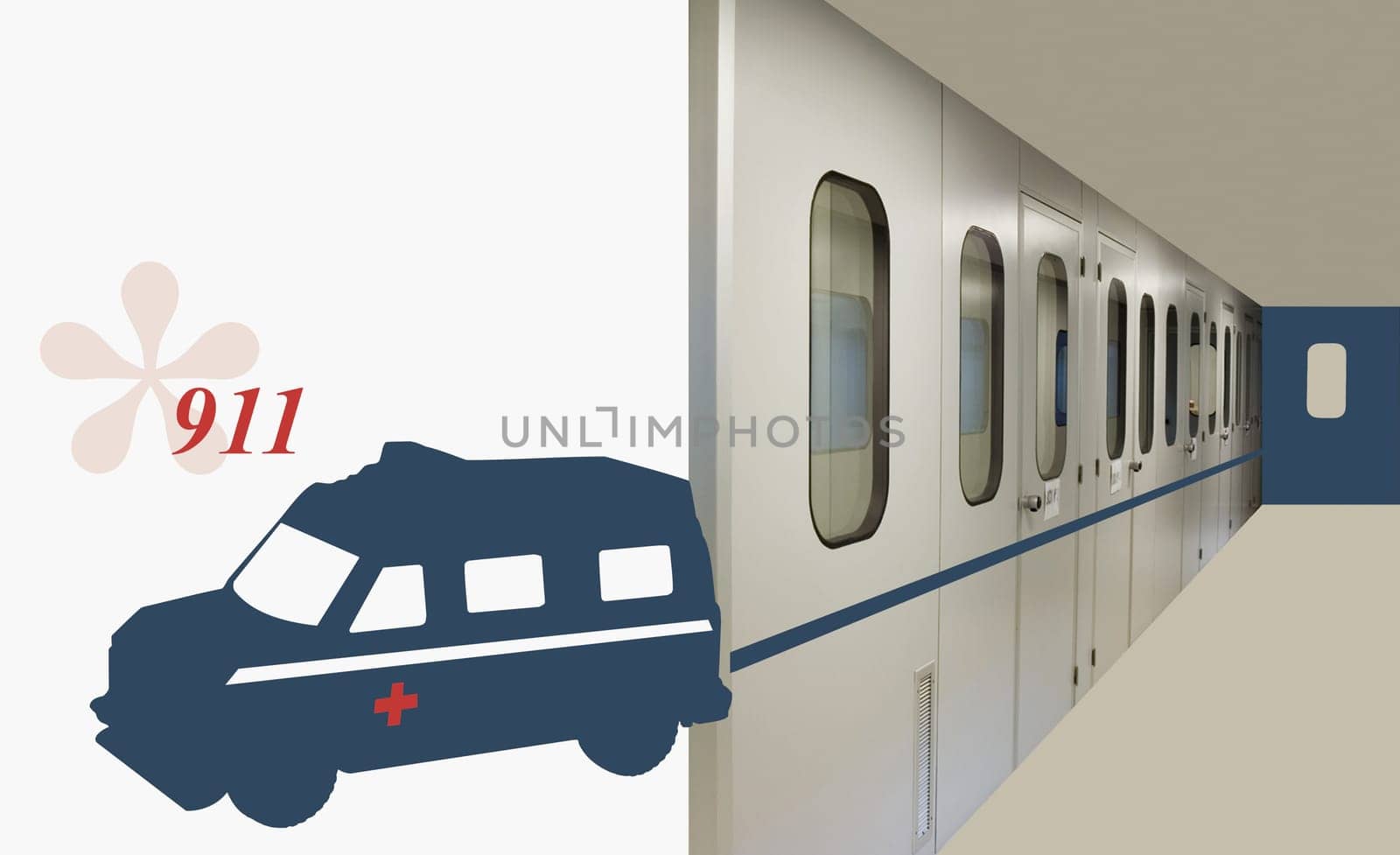 Ambulance beside a hospital corridor