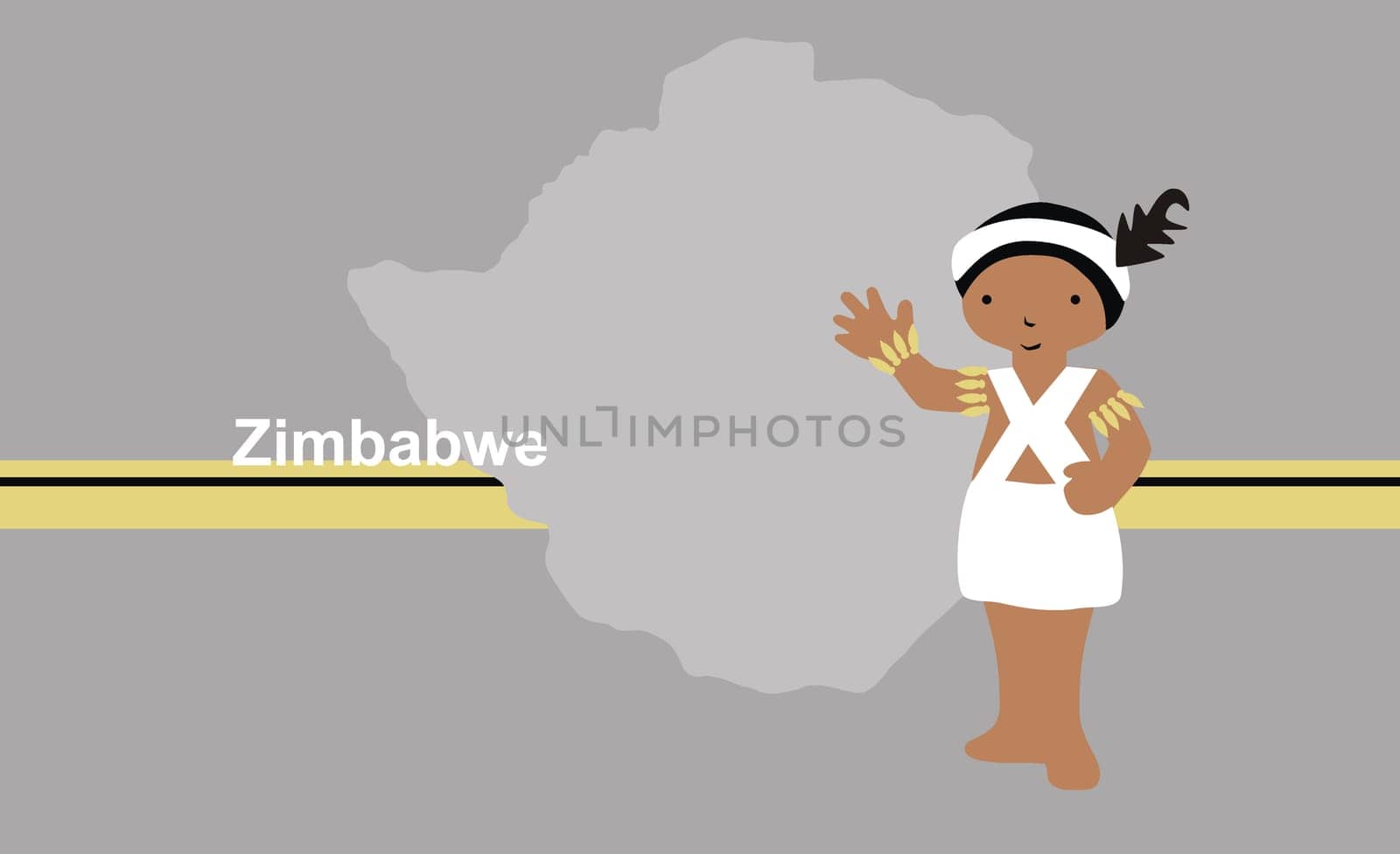 Girl in traditional clothing near map of Zimbabwe
