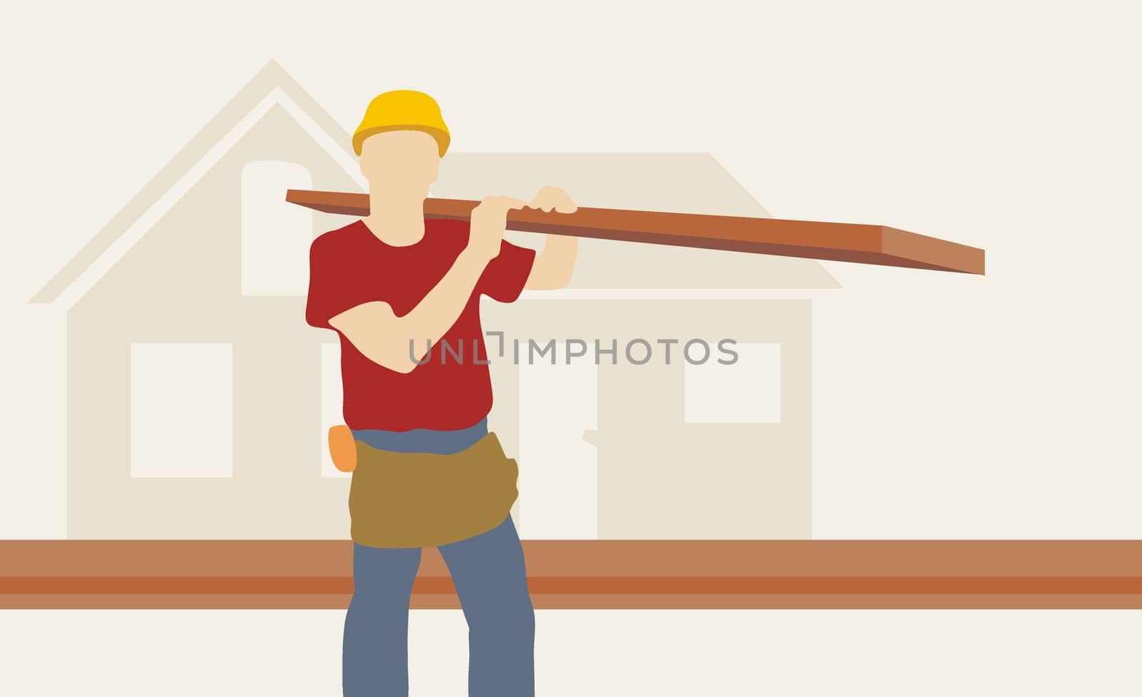 Construction worker carrying a wooden plank