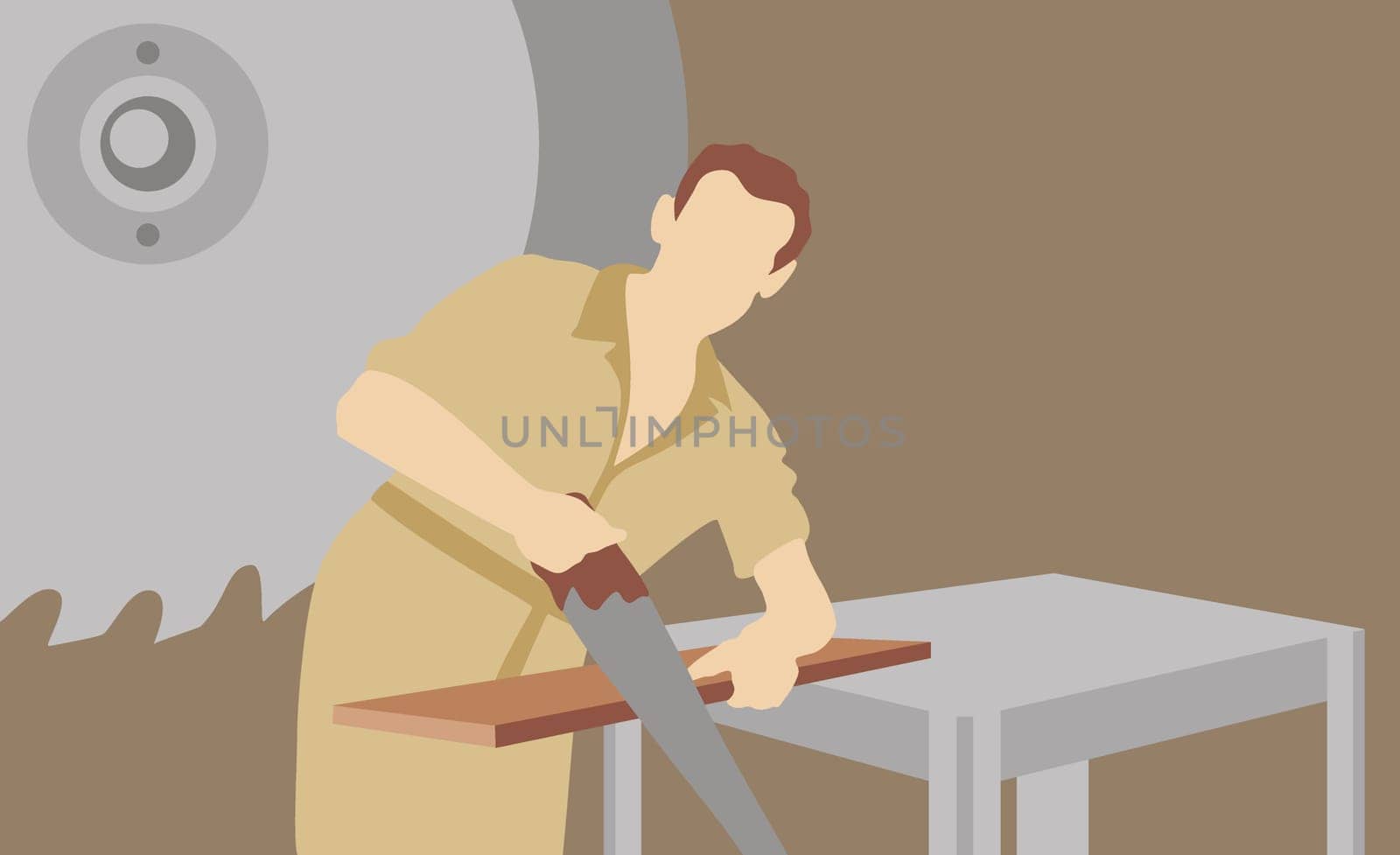 Carpenter sawing a wooden plank