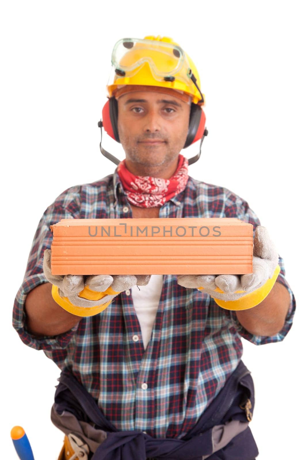 Construction worker offering services, isolated over white