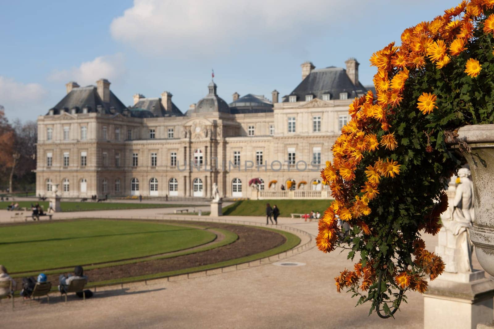 The Luxembourg Palace in Paris, France - Selective focus on flowers