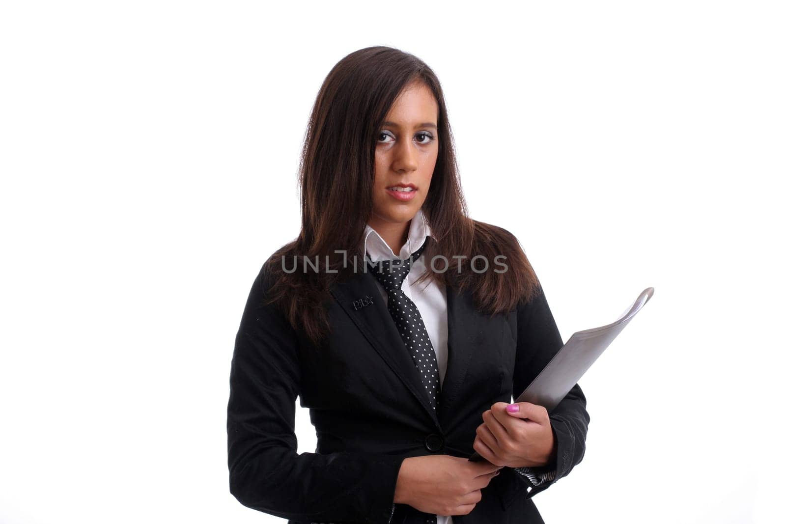 Young businesswoman full of thoughts, isolated over white background