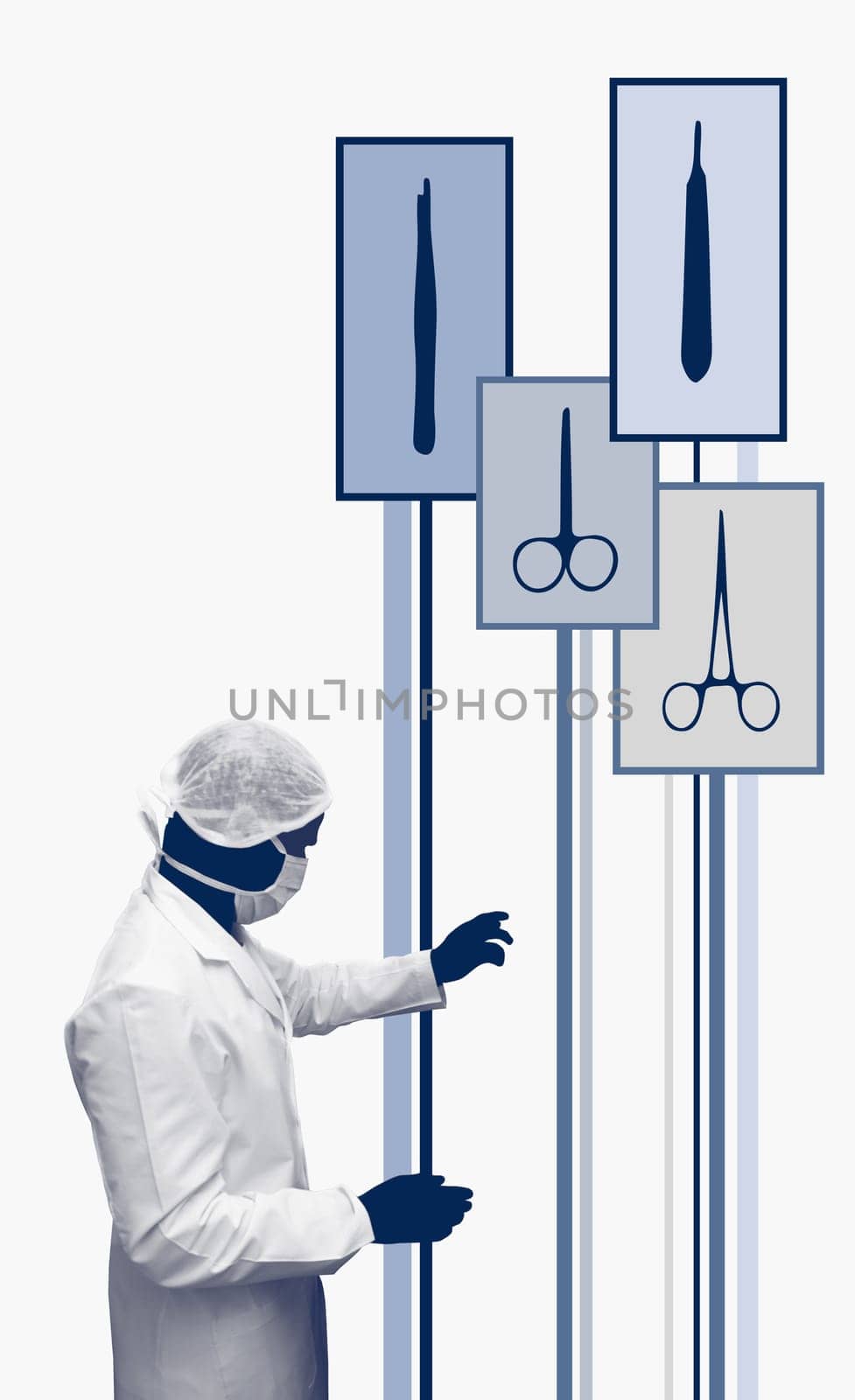 Surgeon standing beside diagrams of surgical equipment