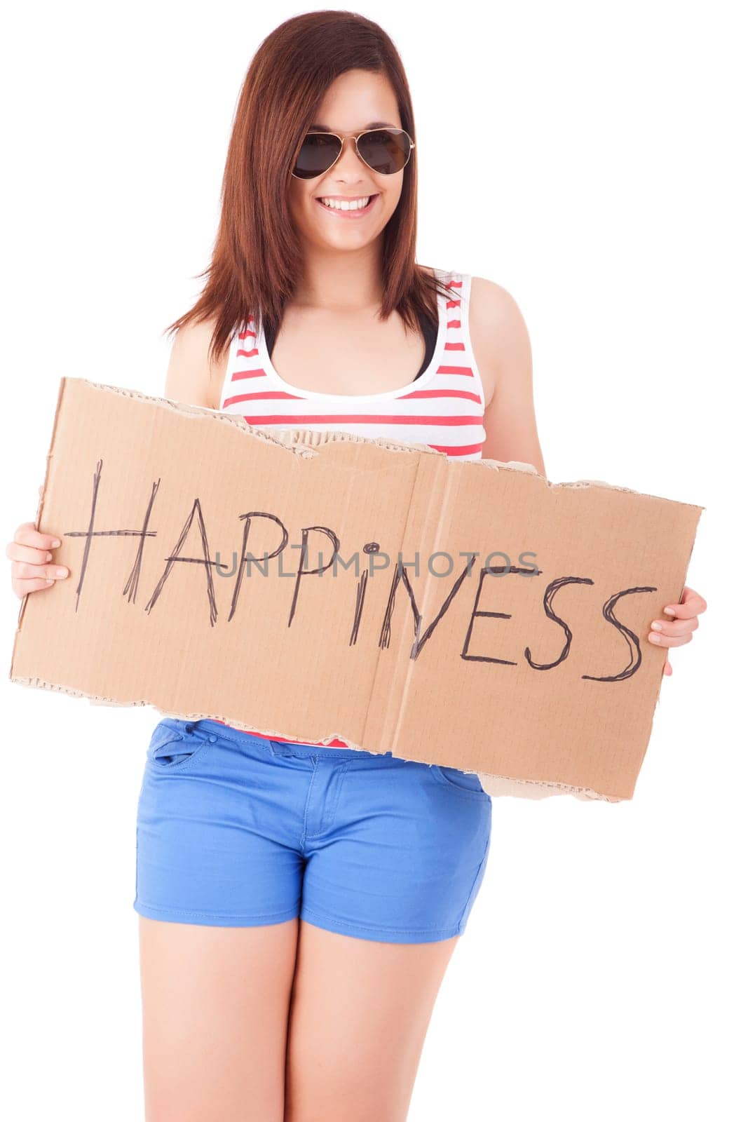 Pretty young woman holding happiness card
