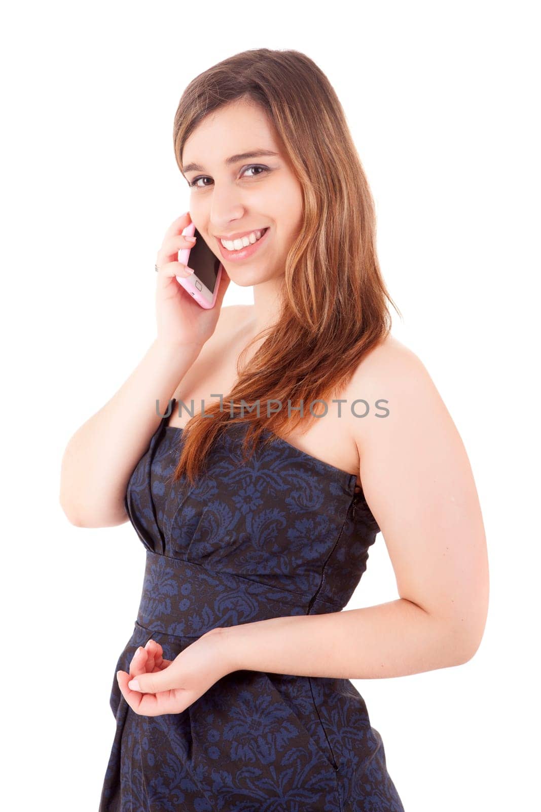 Beautiful young business woman posing isolated over white