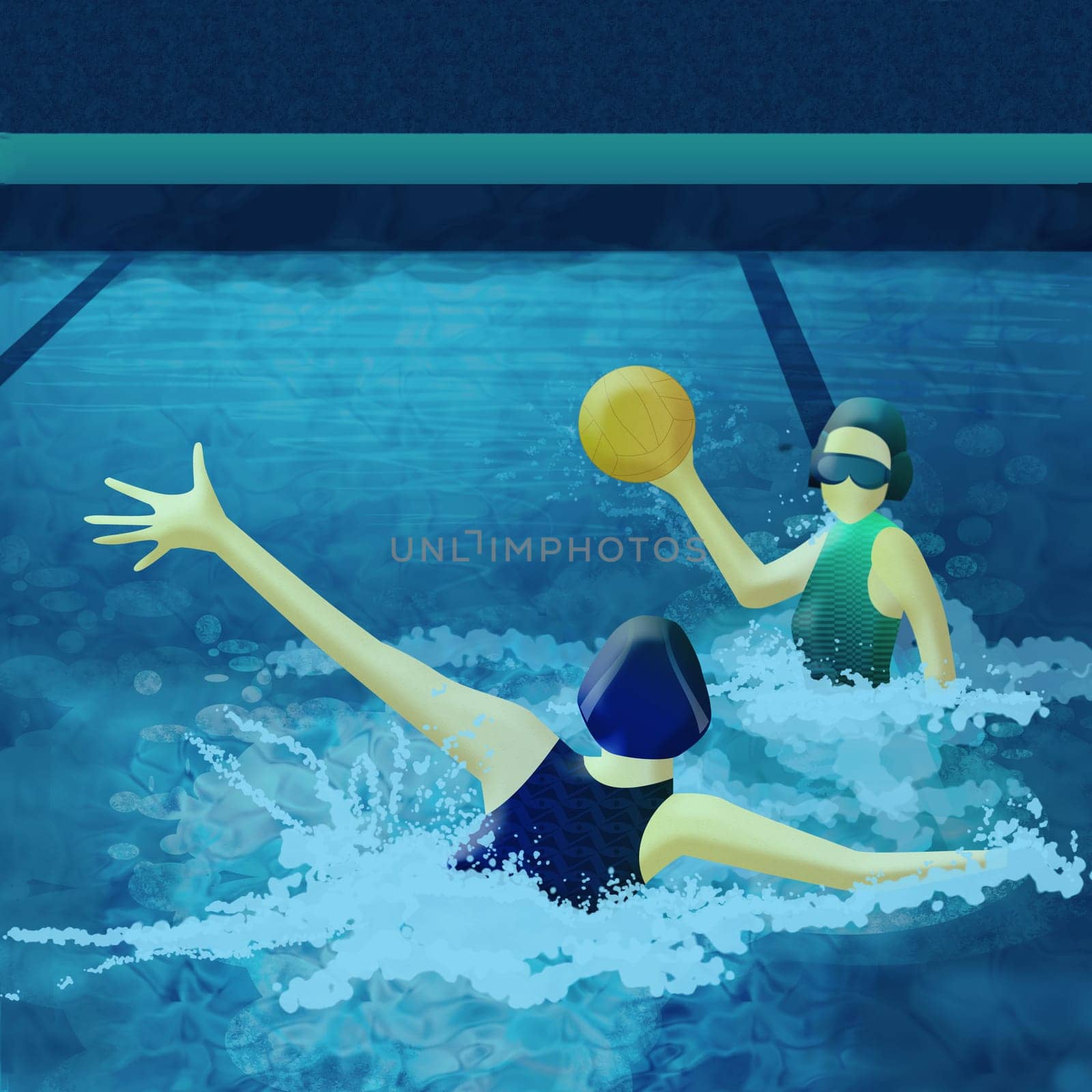 Two women playing with a ball in swimming pool