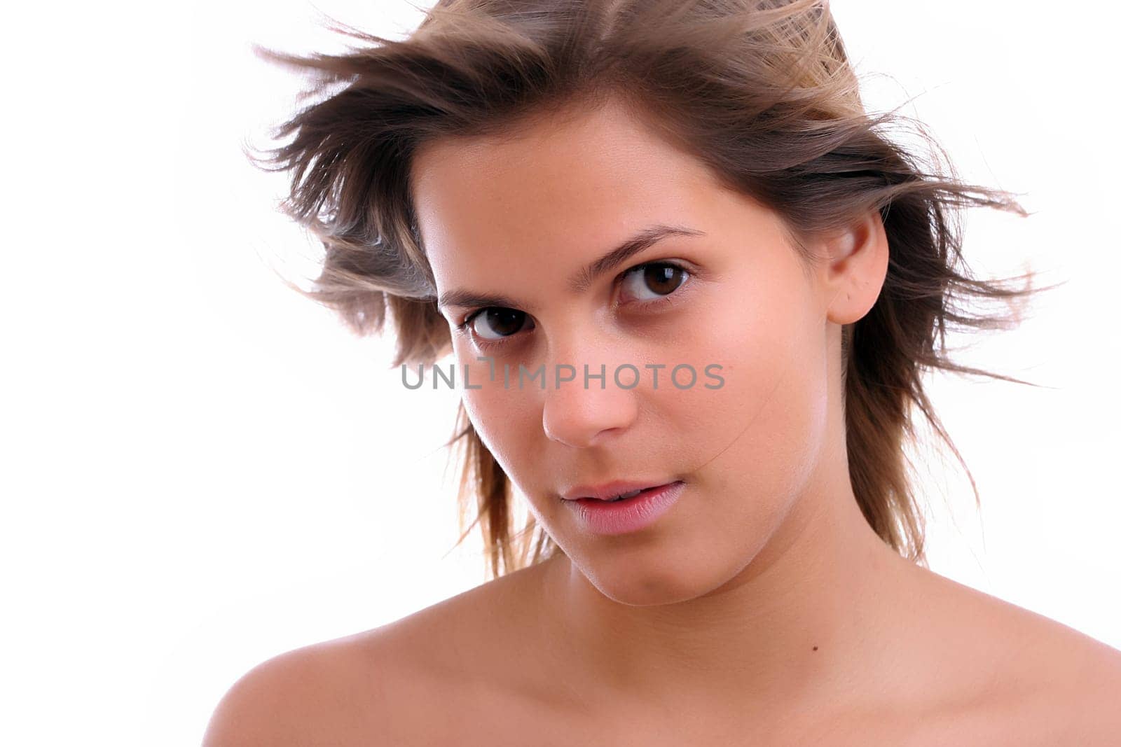Young beautiful woman portrait, isolated over white background