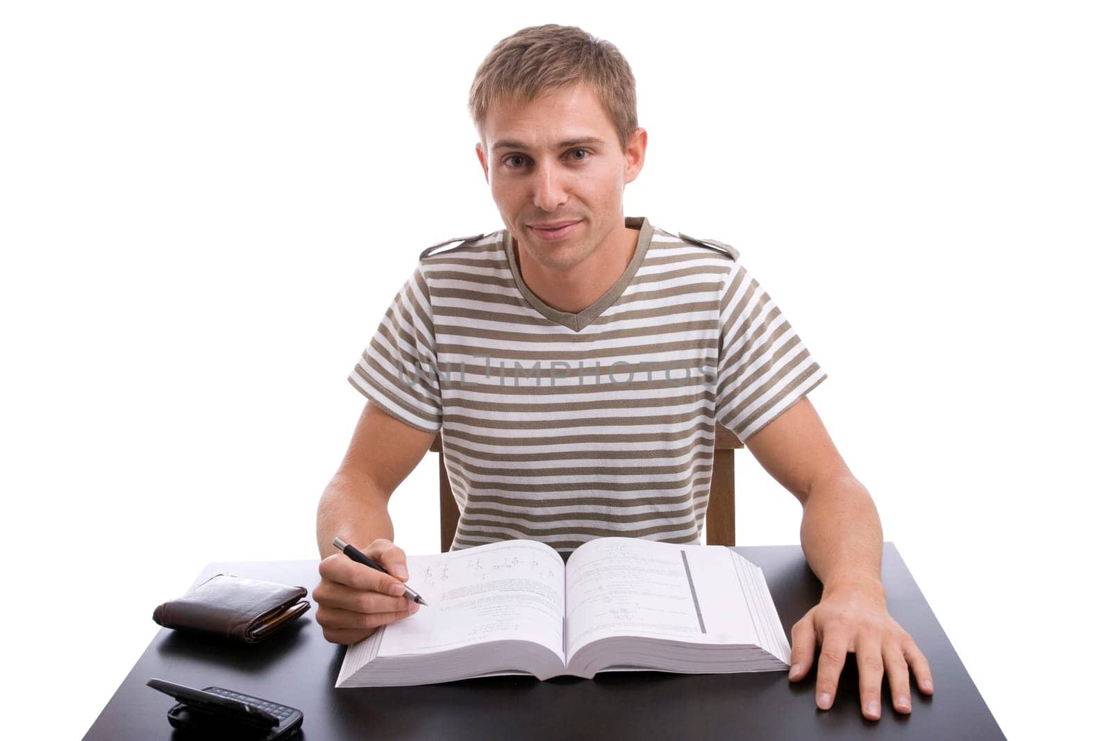 Young boy studying, isolated over white background