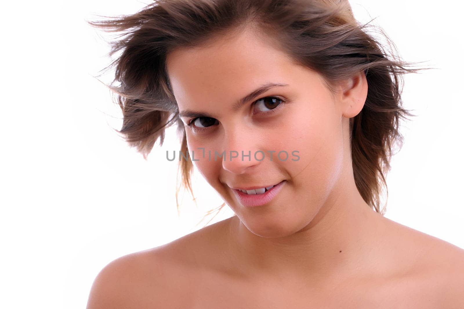 Young beautiful woman portrait, isolated over white background