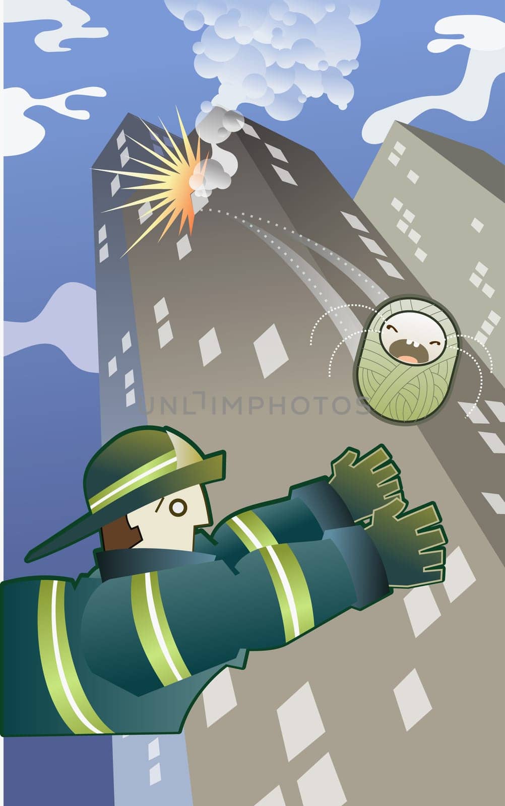 Firefighter catching a falling baby boy