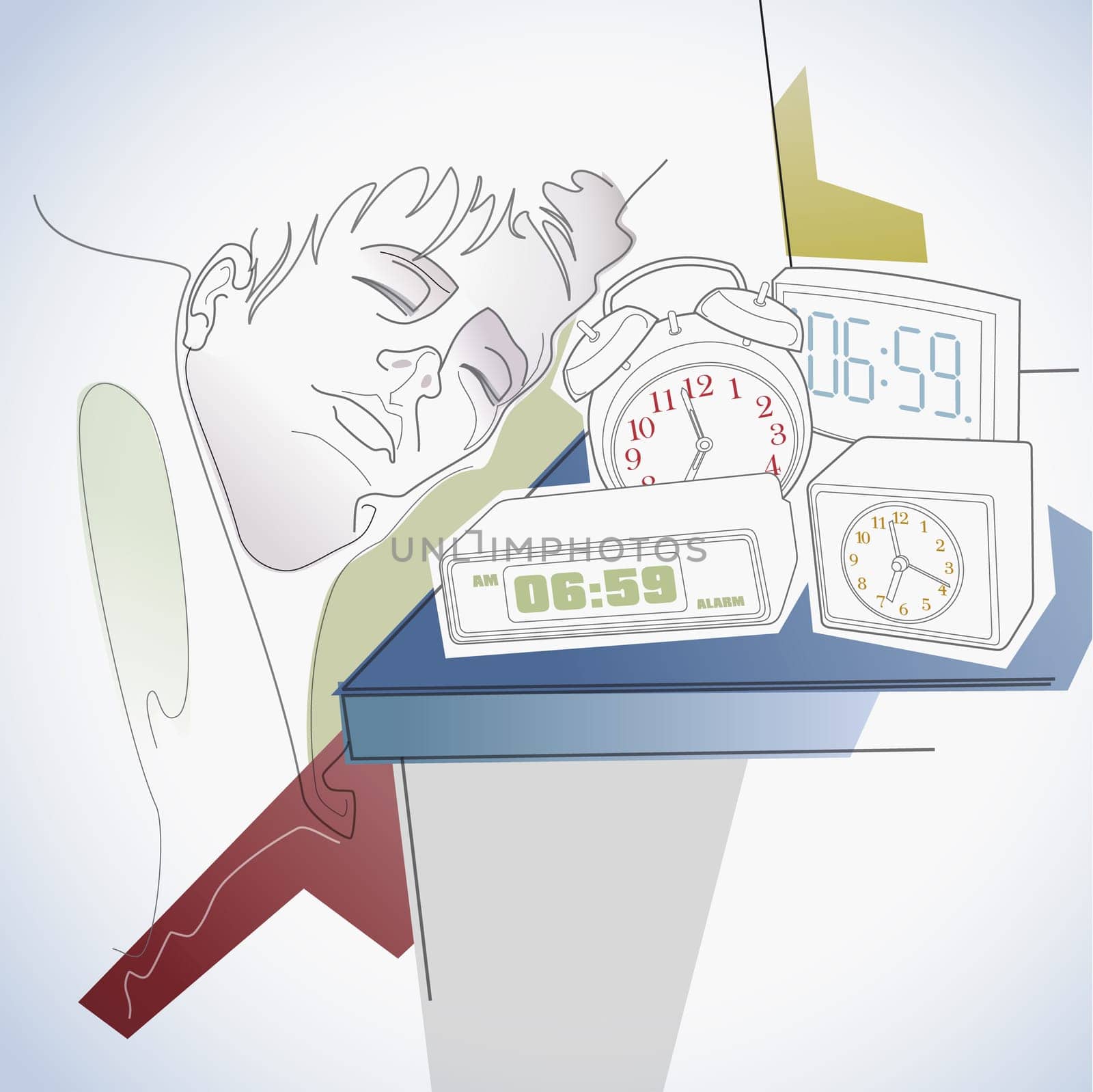 Man sleeping with assorted alarm clocks