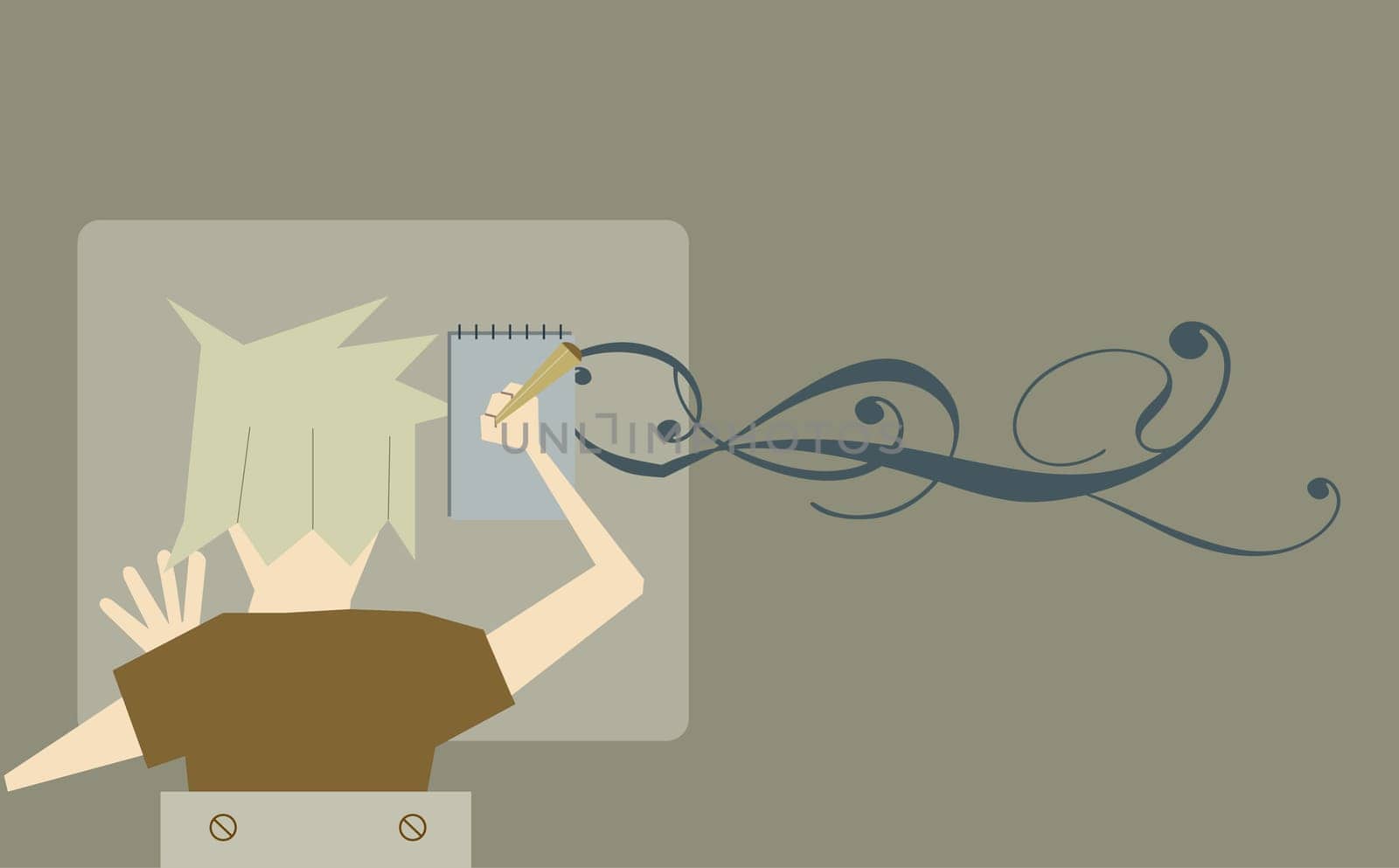 Rear view of a person writing on a notepad